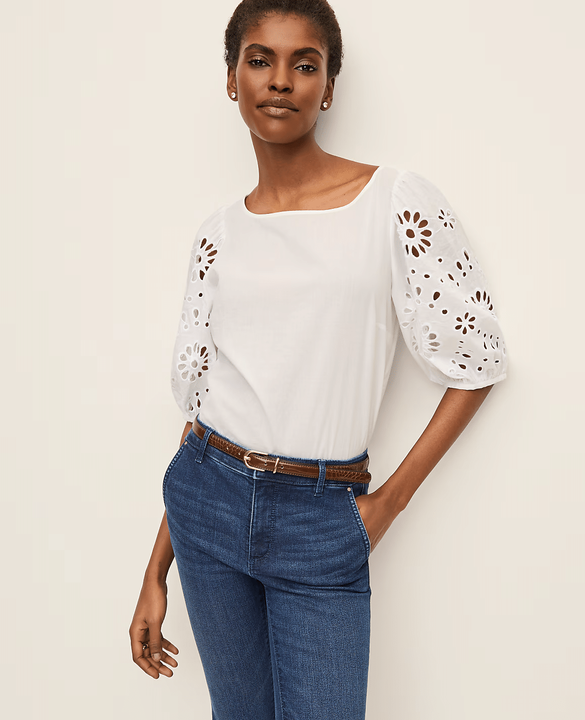 Ann Taylor white embroidered popover top