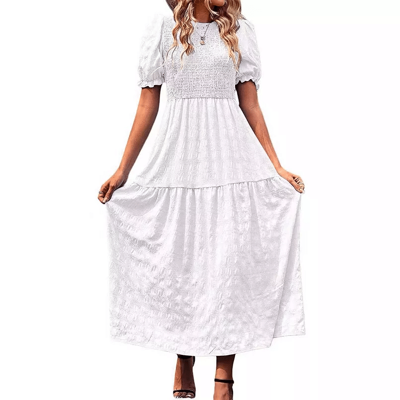 white summer crew neck smocked midi dress