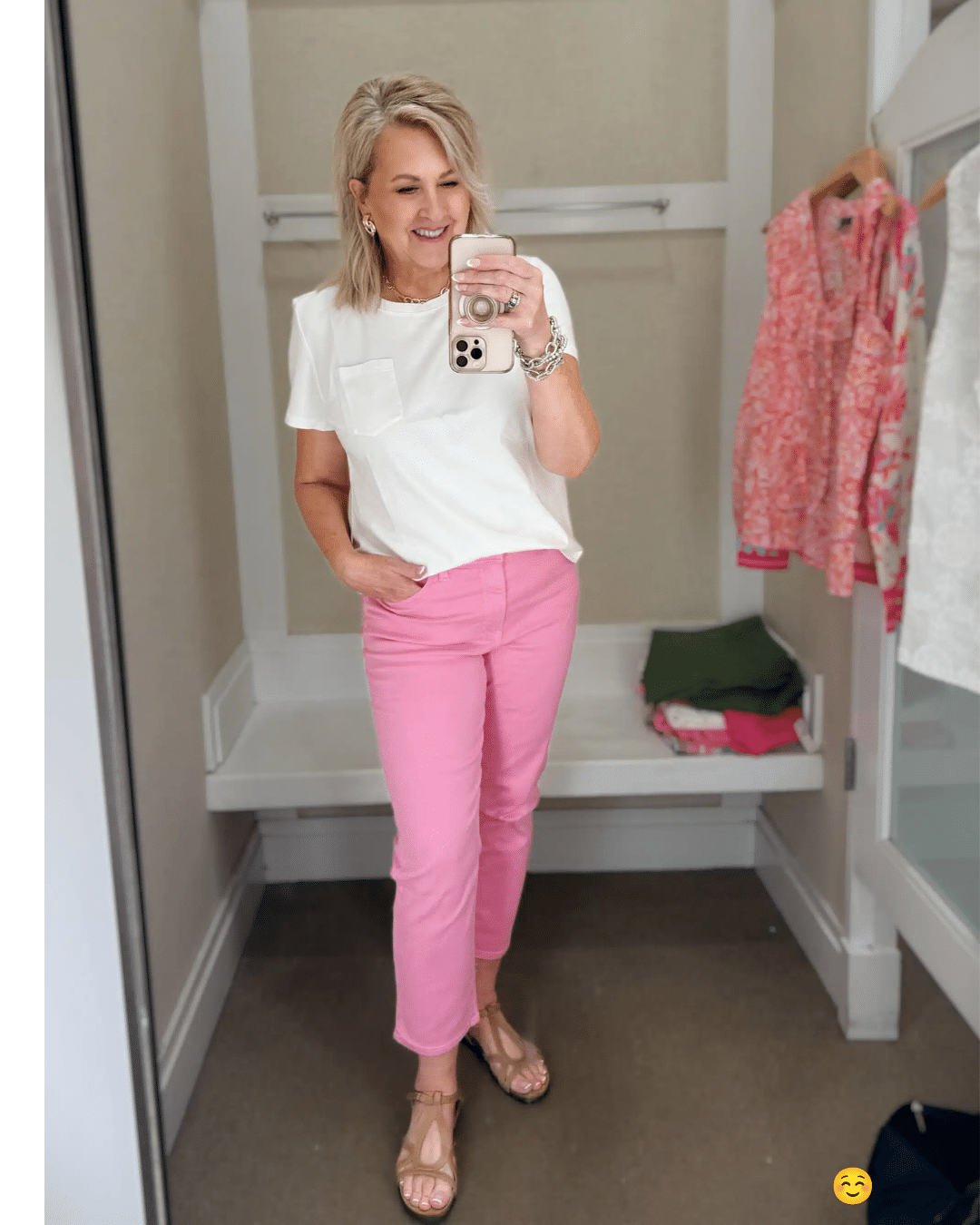 Tania wearing a white tee with pink lightweight jeans from Talbots