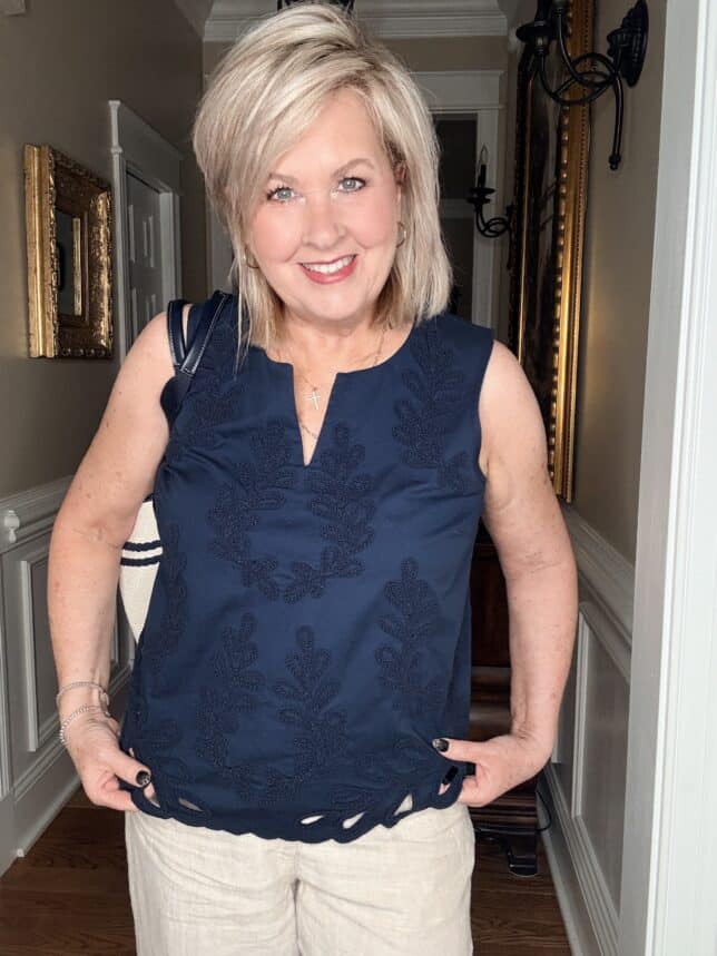 Tania wearing a navy eyelet top from J.Jill