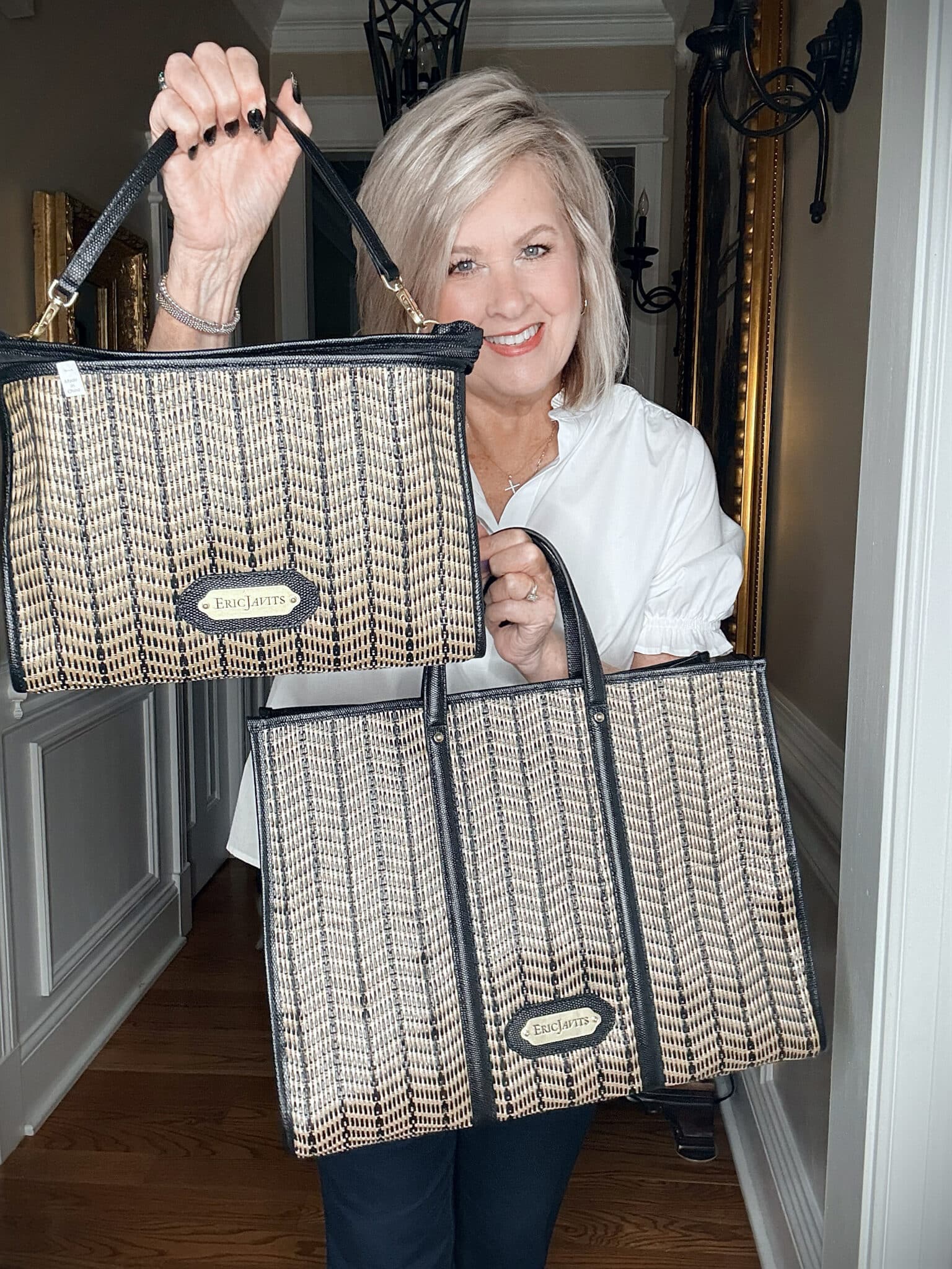Tania showing a raffia tote and clutch from Eric Javitz