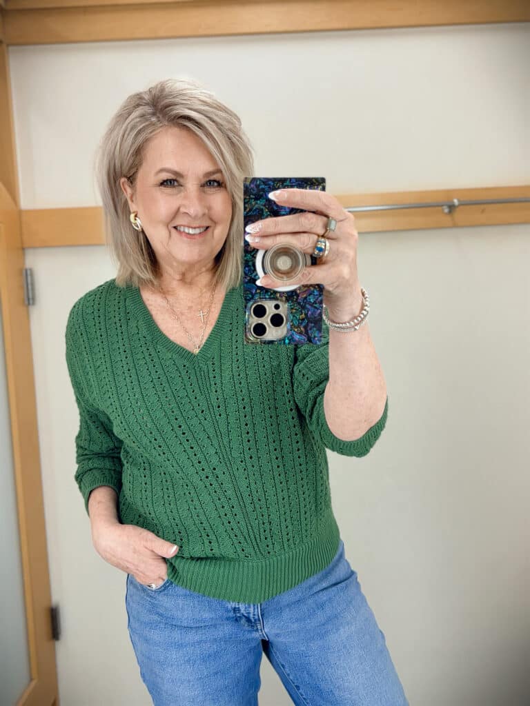 Tania wearing a green sweater from Talbots