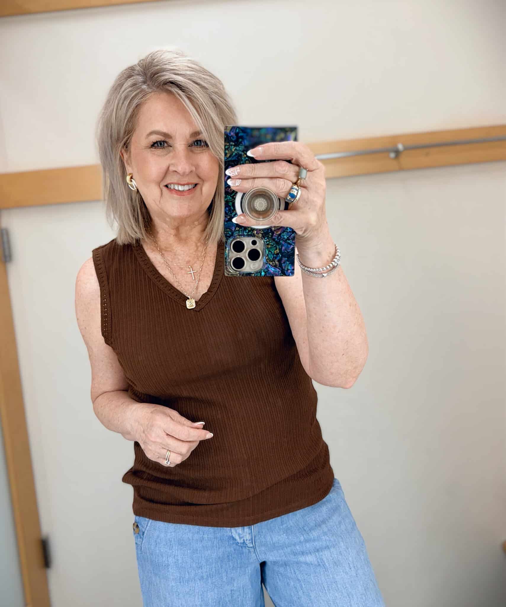 Tania wearing a brown tank from Talbots