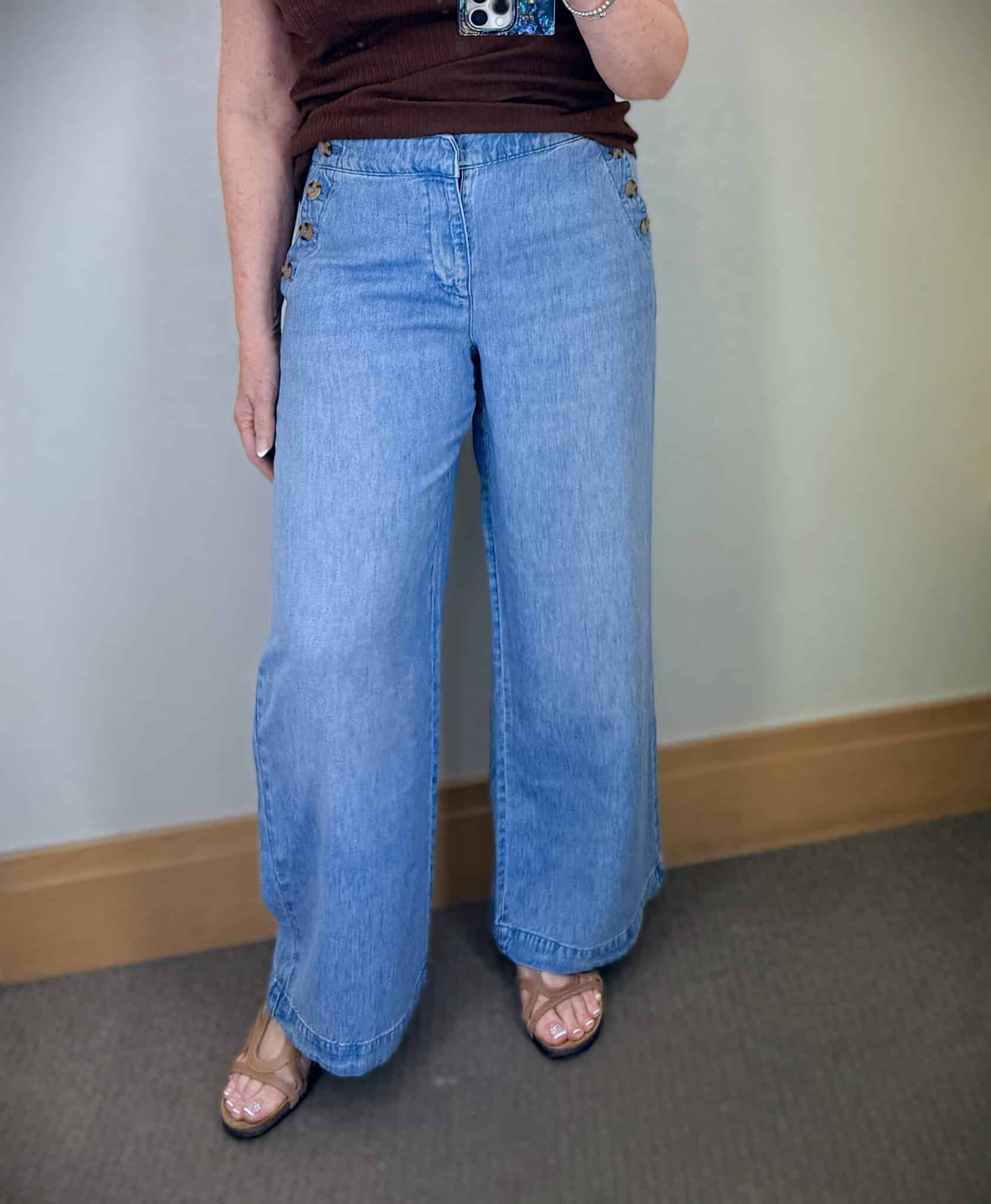 Tania wearing wide leg sailor jeans from Talbots