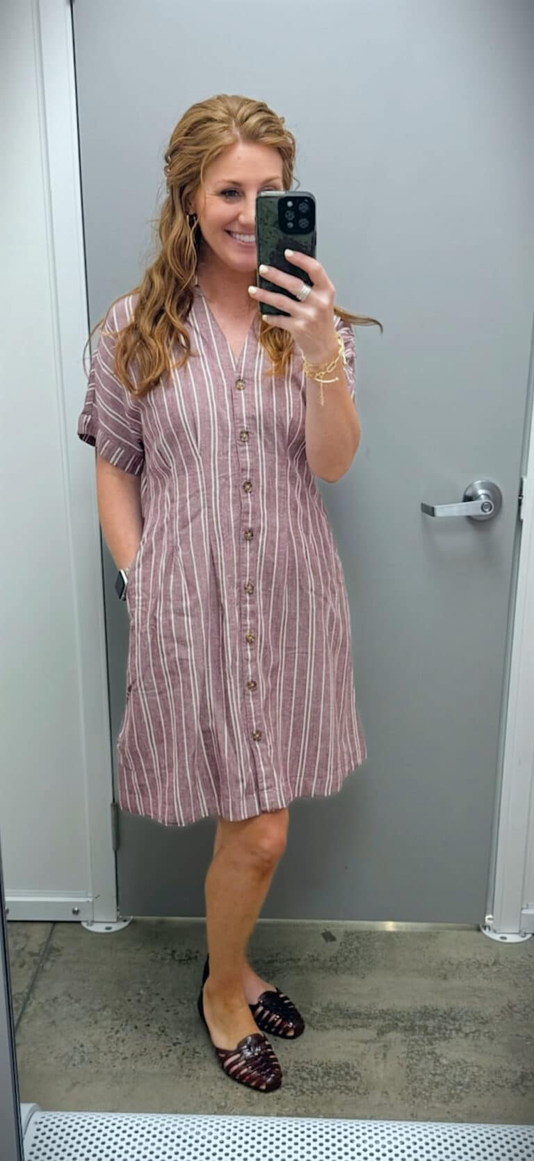 Stephanie wearing a striped shirtdress from Walmart