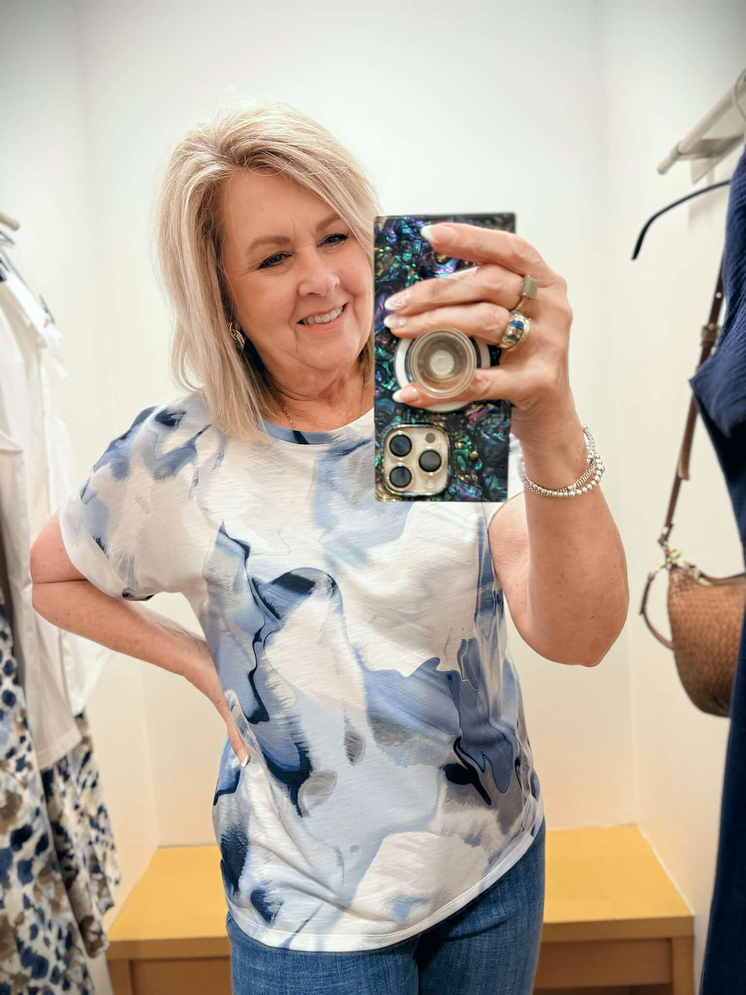 Tania wearing a watercolor tee from Chico's