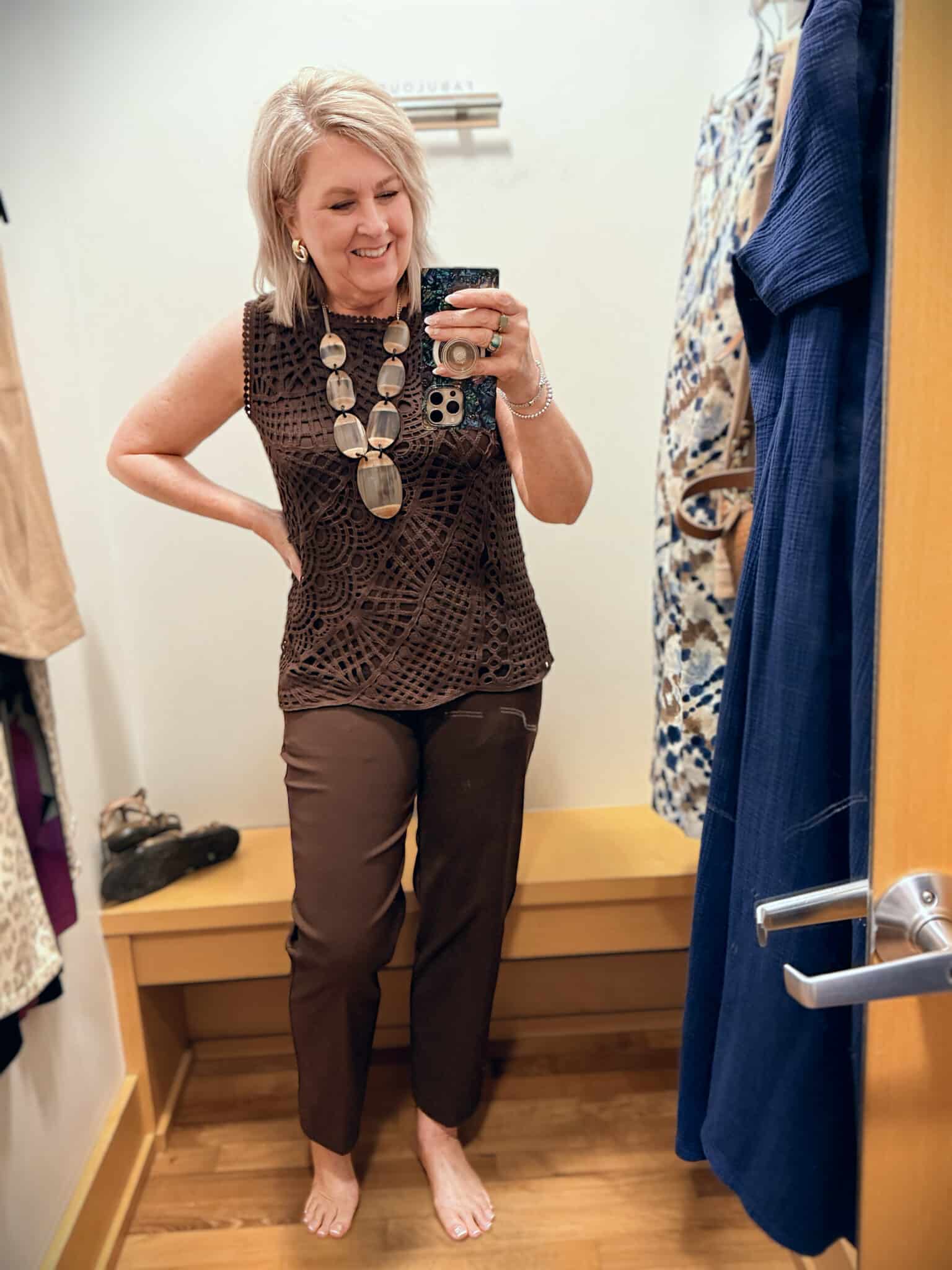 Tania wearing chocolate brown from Chico's