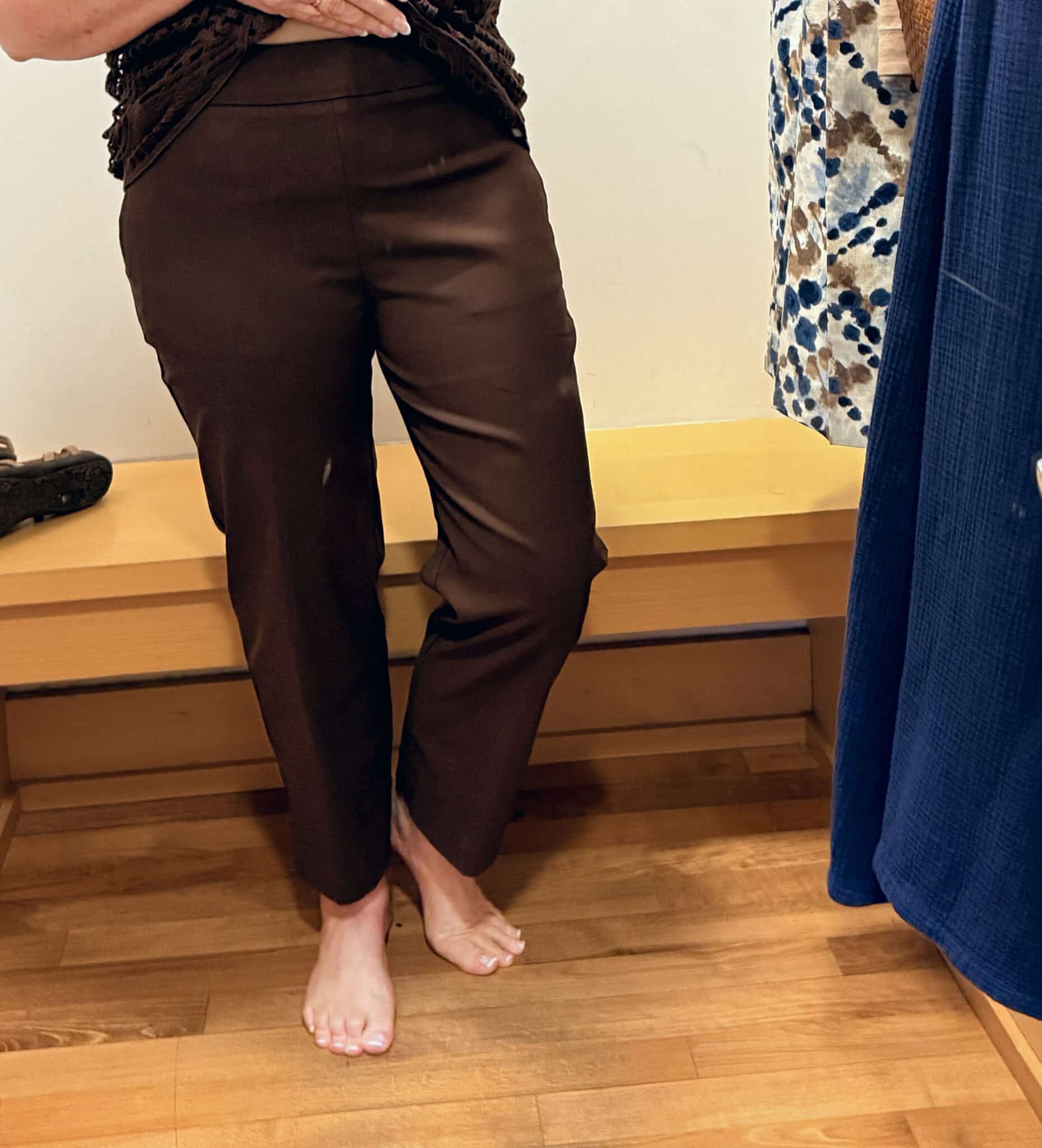 Tania wearing chocolate brown pants from Chico's
