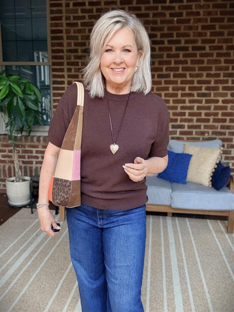 Tania wearing a chocolate brown cashmere tee from Nordstrom