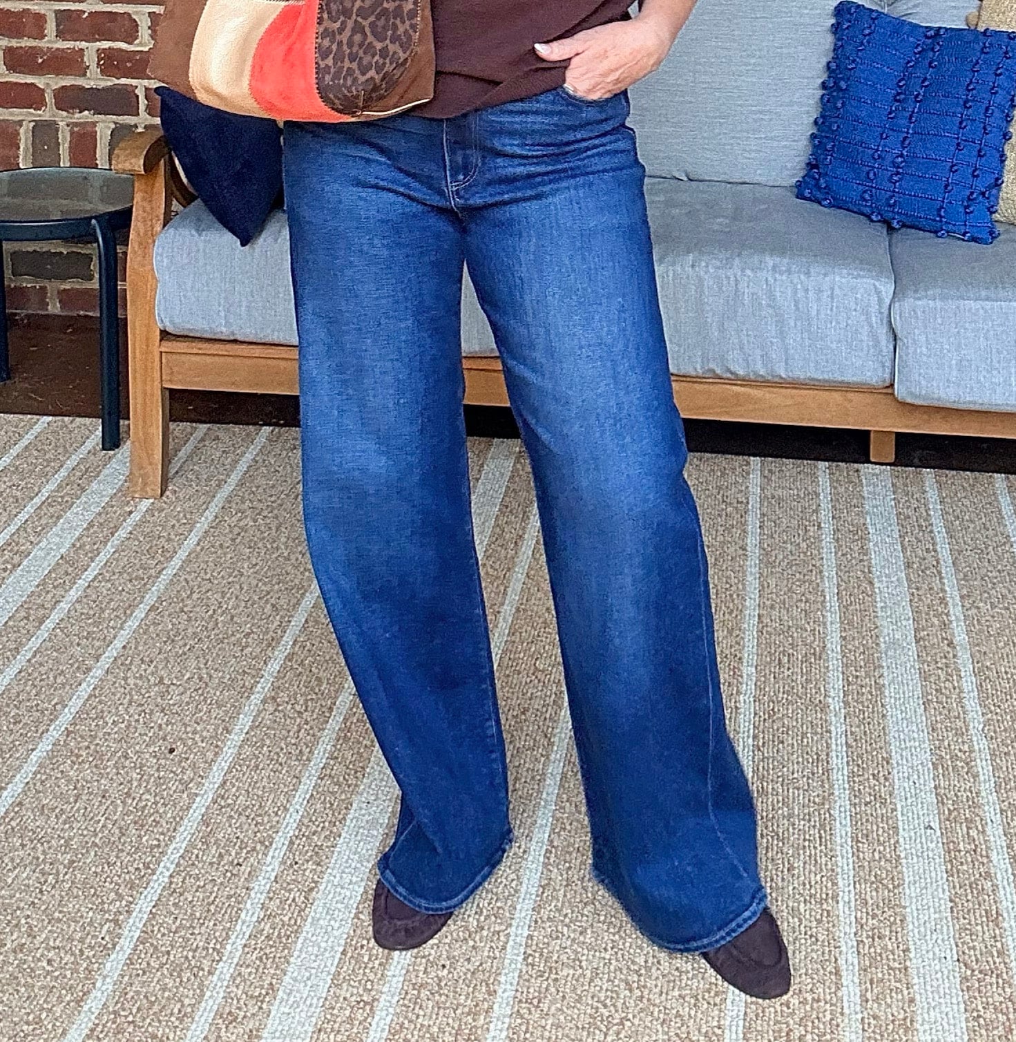 Tania wearing Paige wide-leg jeans from Nordstrom