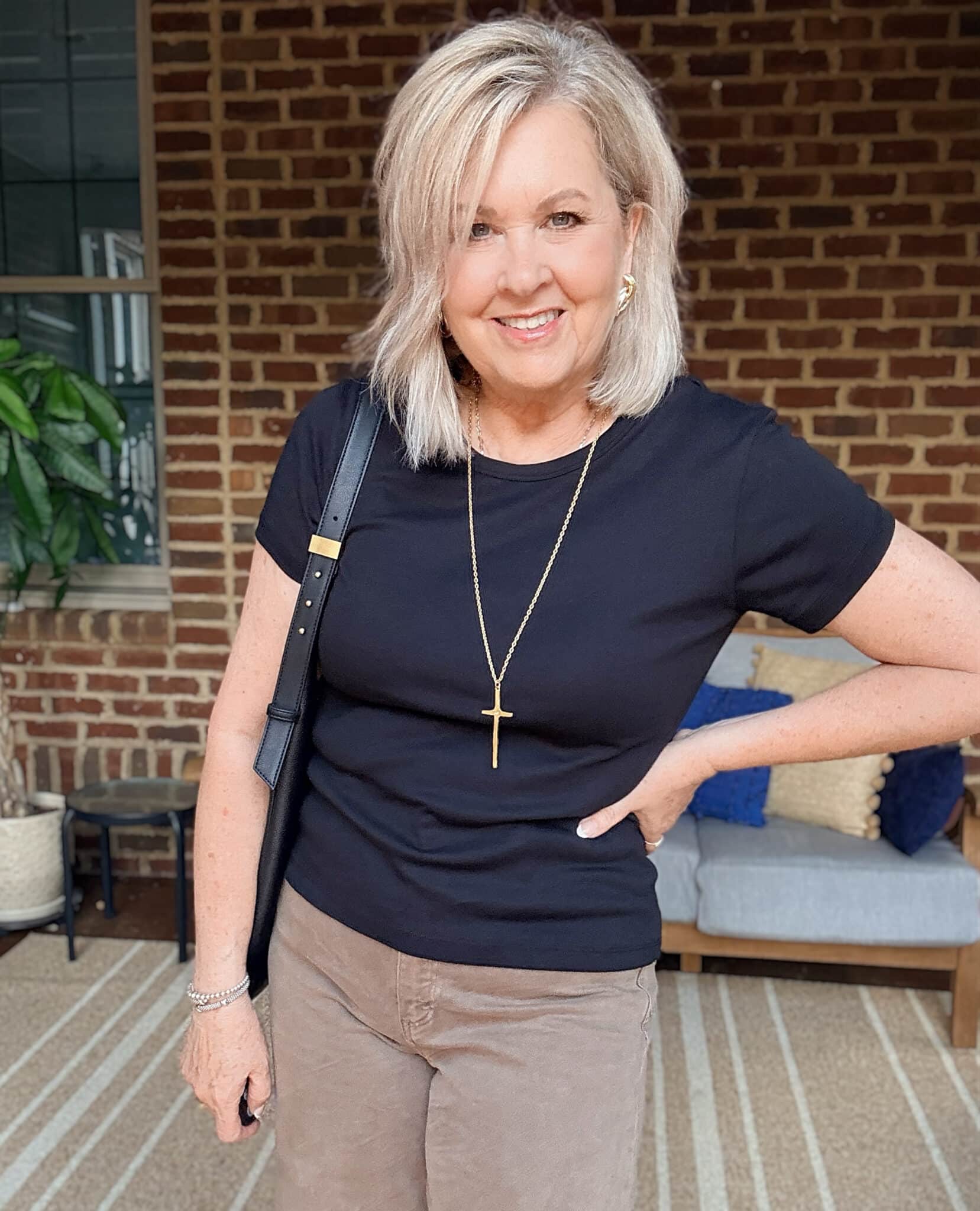 Tania wearing a black tee from Nordstrom