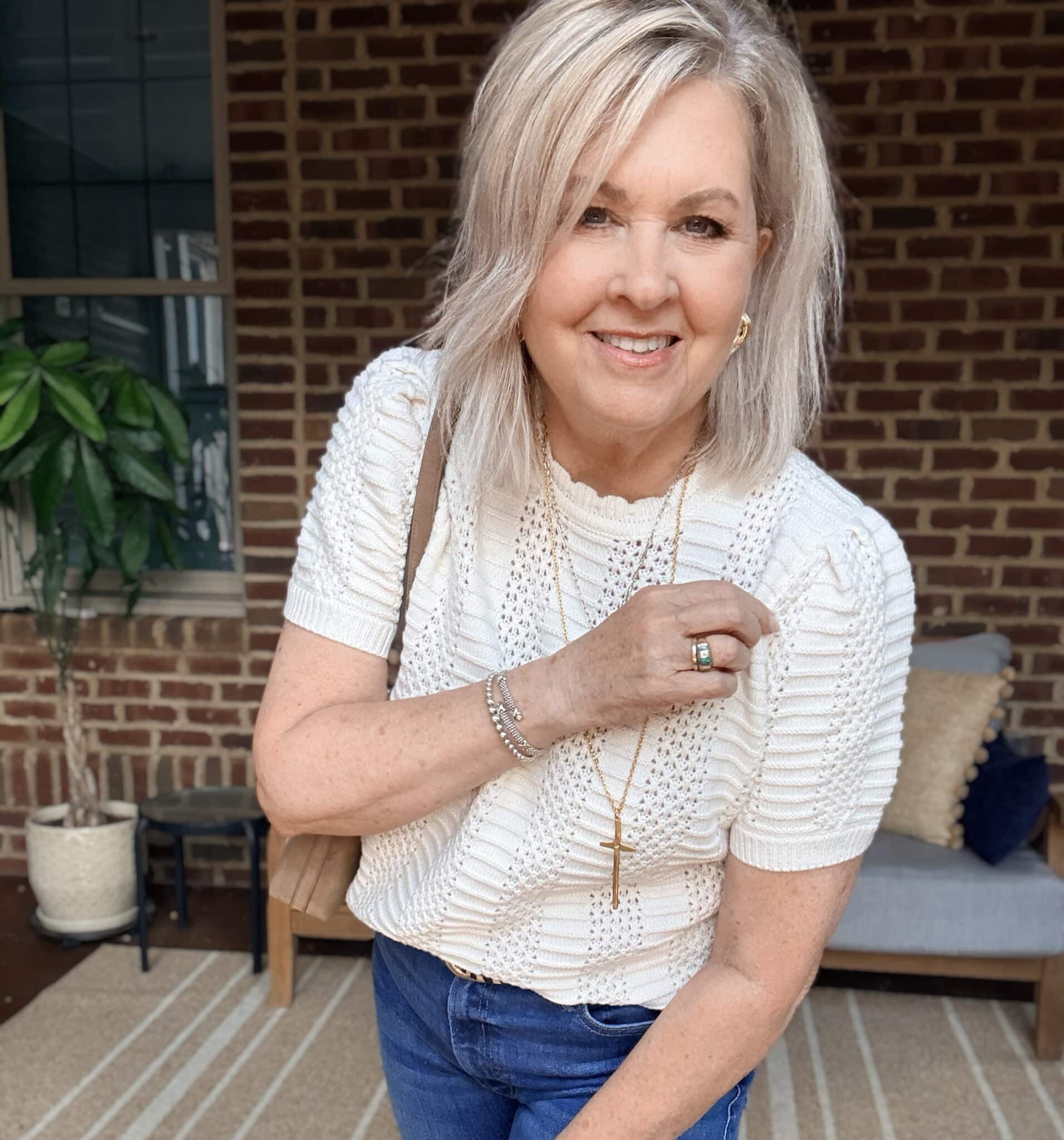 Tania wearing a white crochet tee from Nordstrom