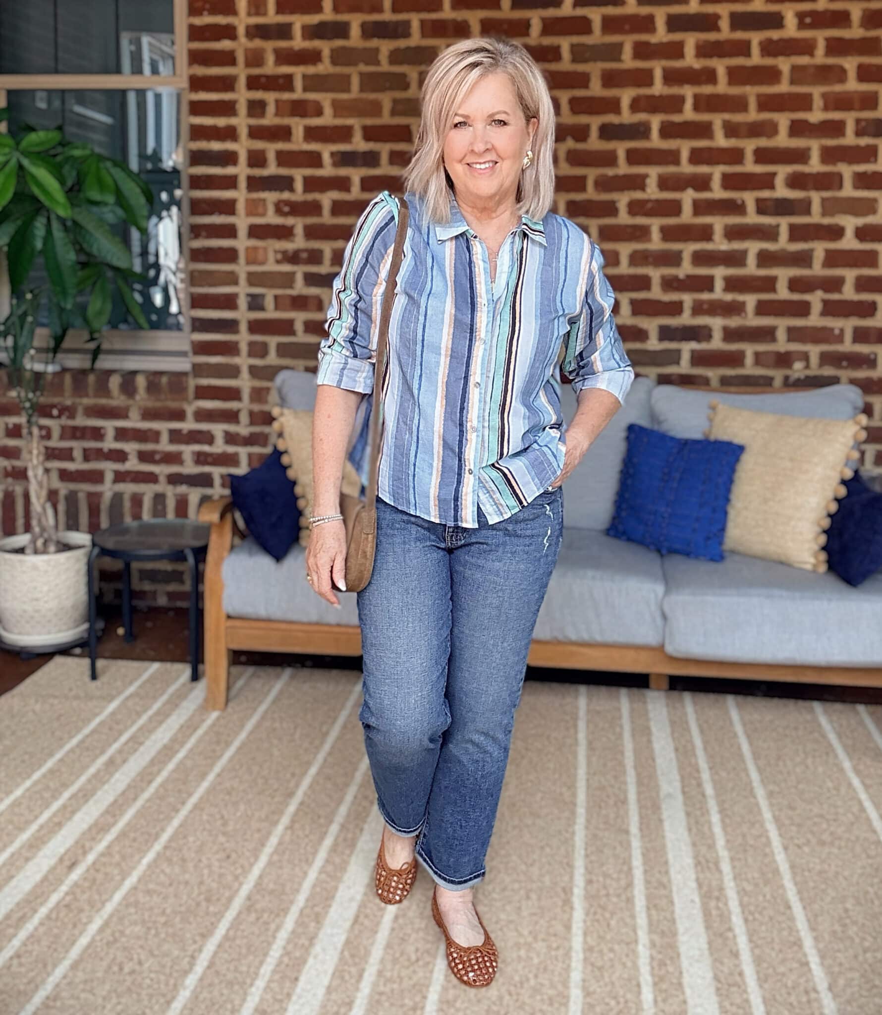 Tania wearing a striped button up shirt with Frame distressed jeans from Nordstrom