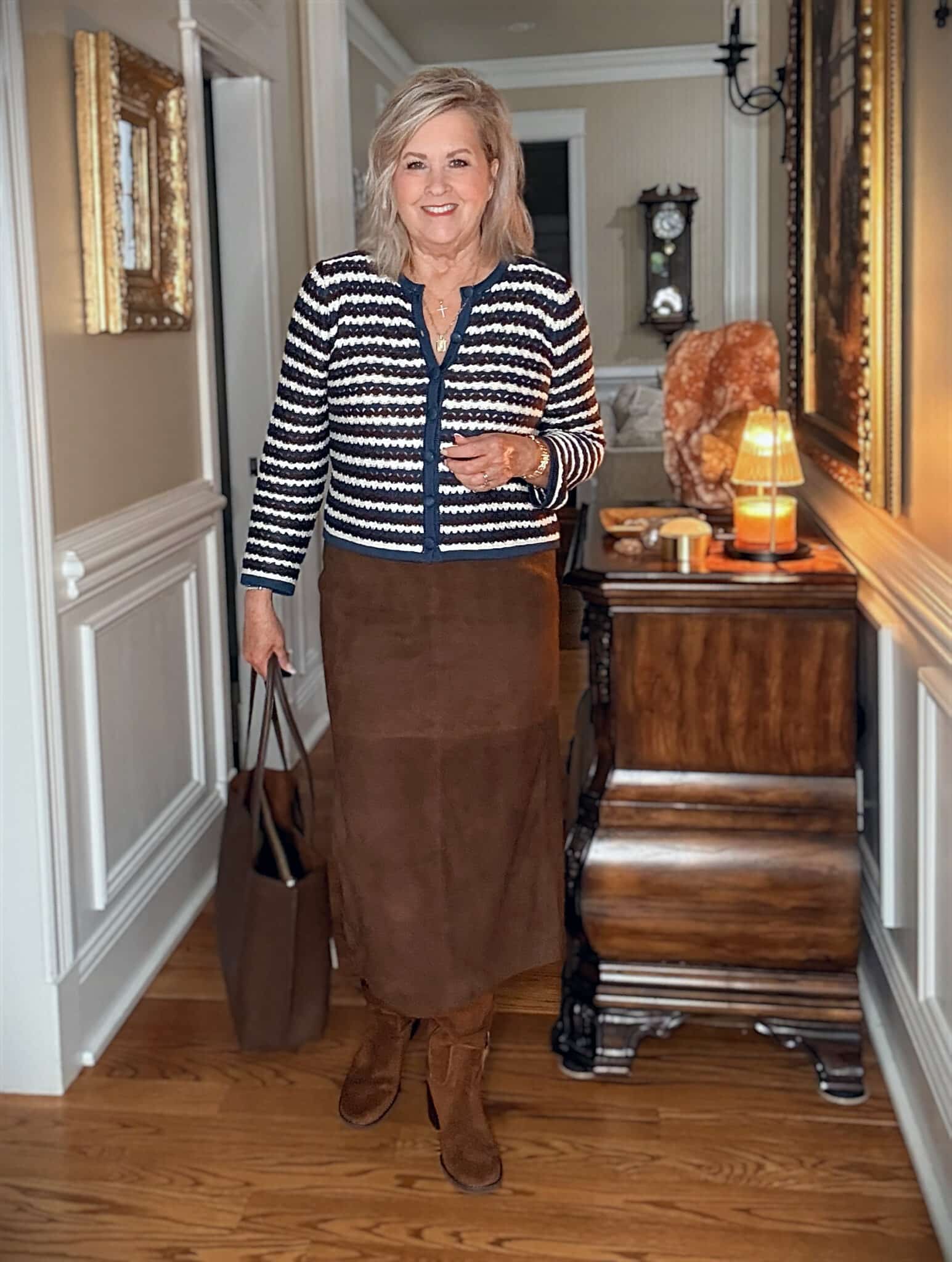 Tania wearing a brown suede midi skirt with Blondo knee boots from Nordstrom