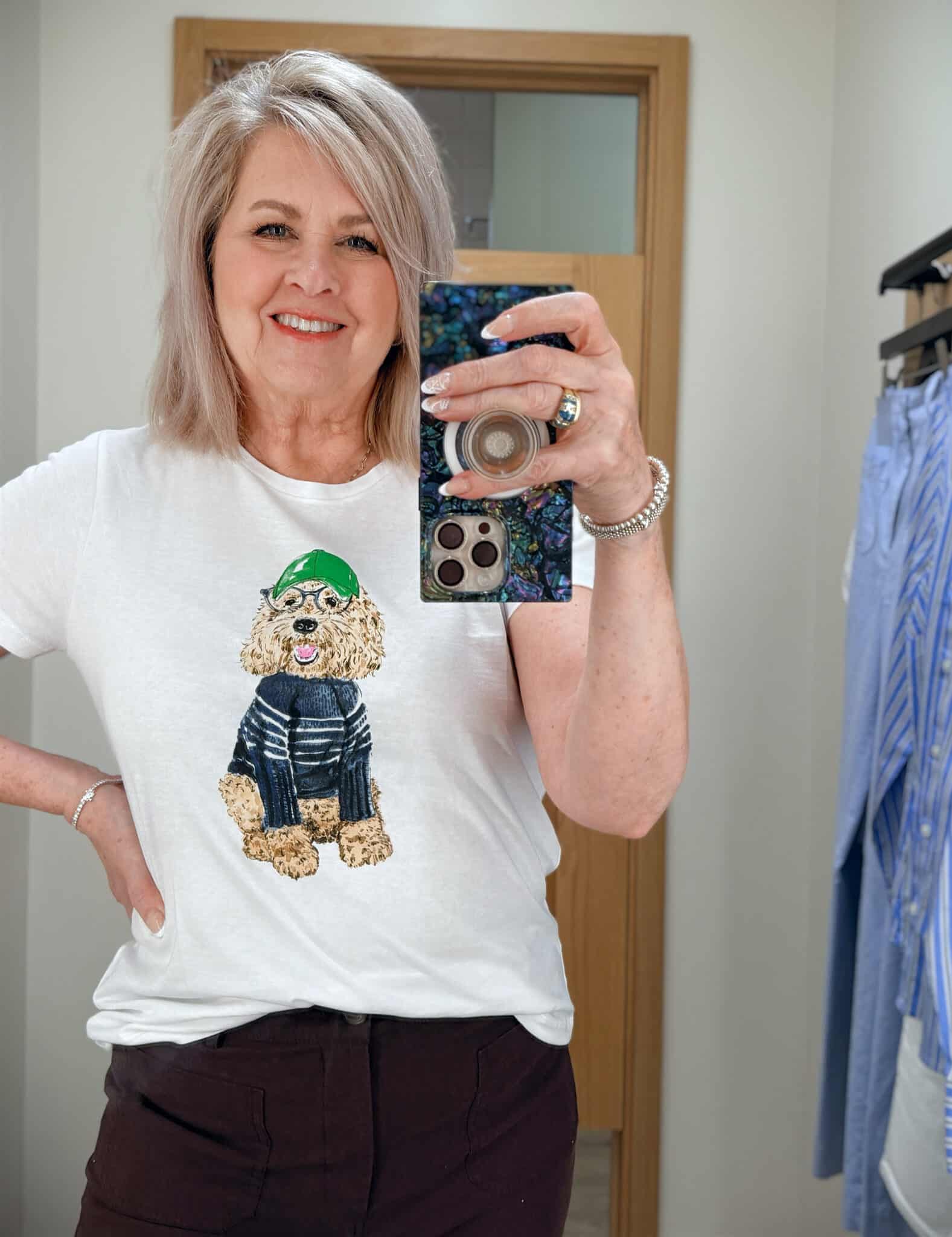 Tania wearing a cute dog graphic tee from J.Crew Factory