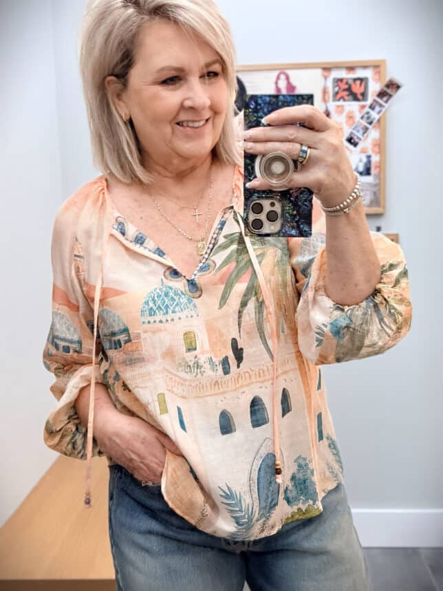 Tania wearing a Peachy Johnny Was top for fall transtion