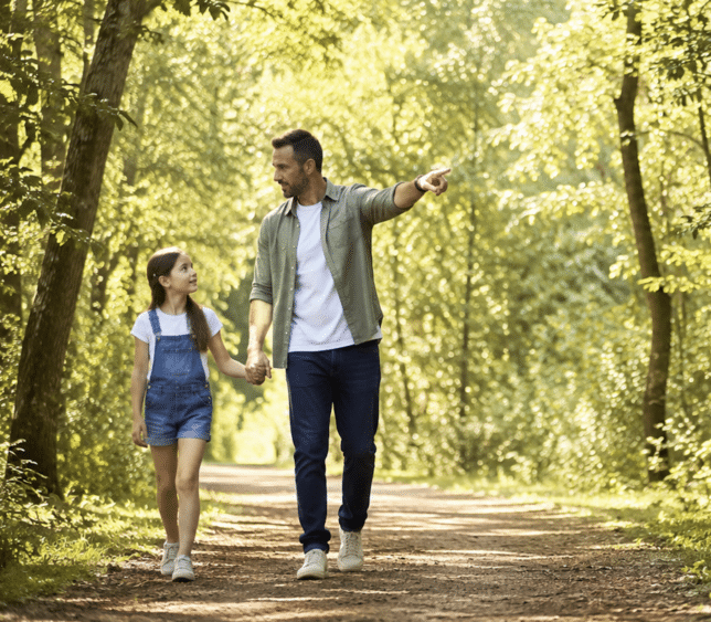 Father and child walking in the woods