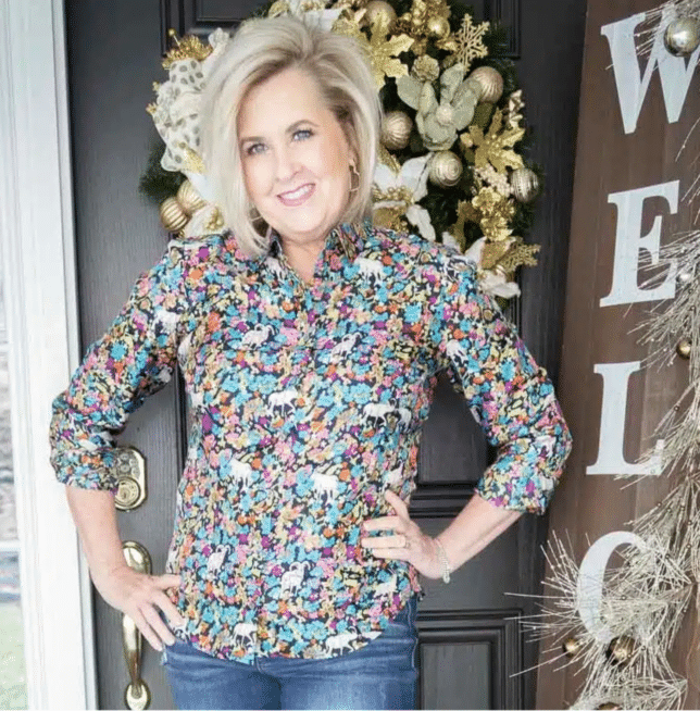 Tania wearing a silk printed shirt from J.Crew