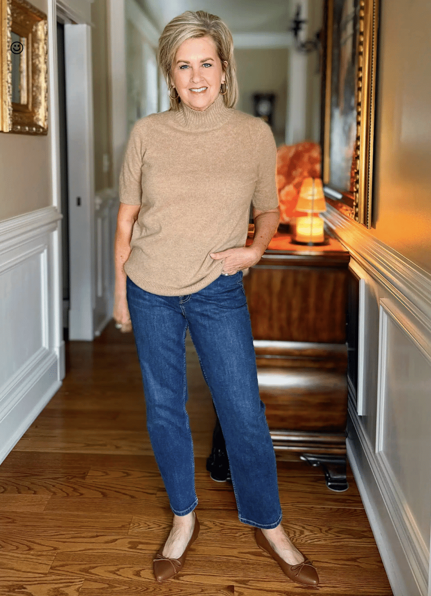 Tania Stephens wearing straight leg jeans with ballet flats