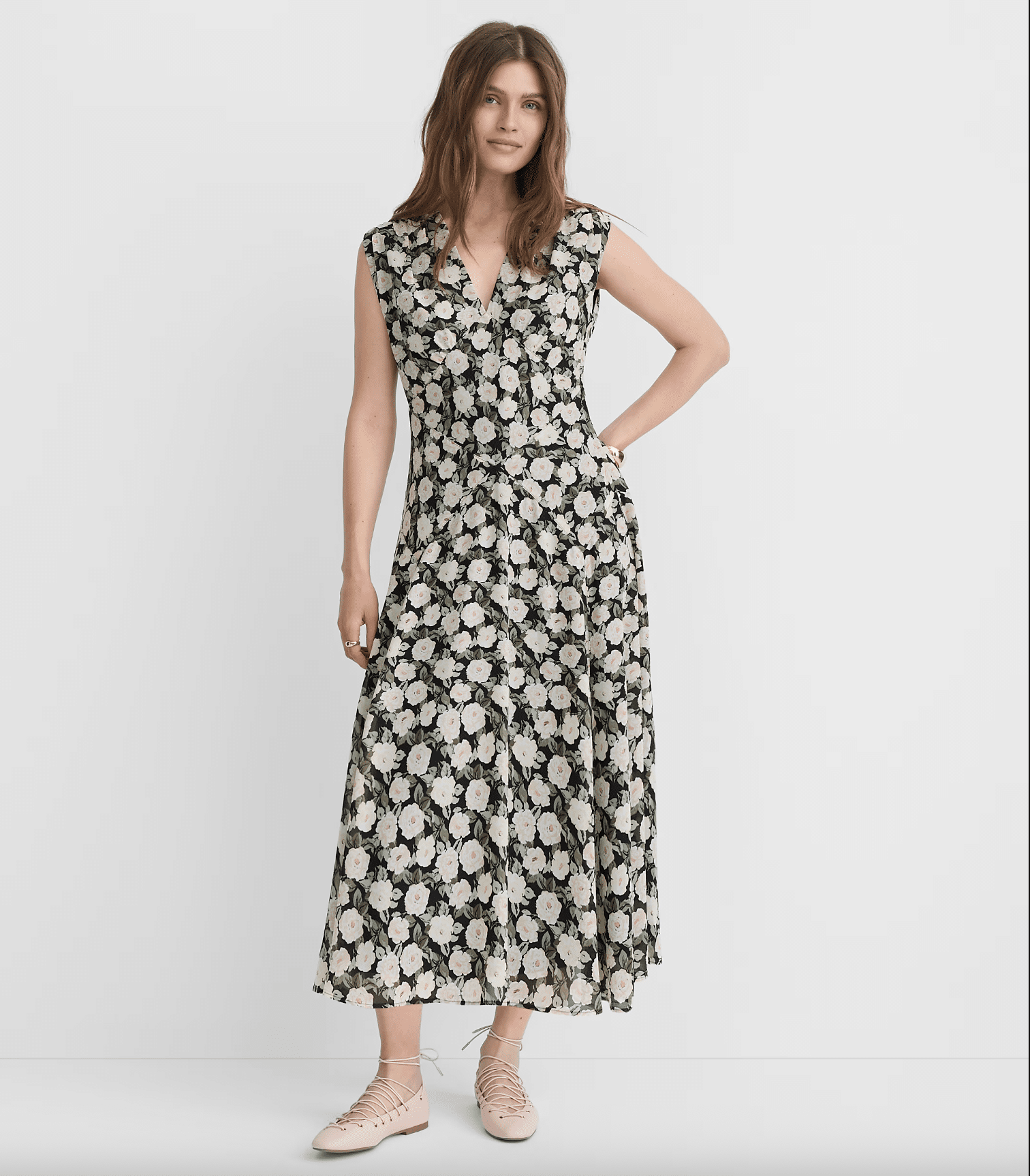 LOFT Floral Topstitched V-Neck Midi Dress for summer