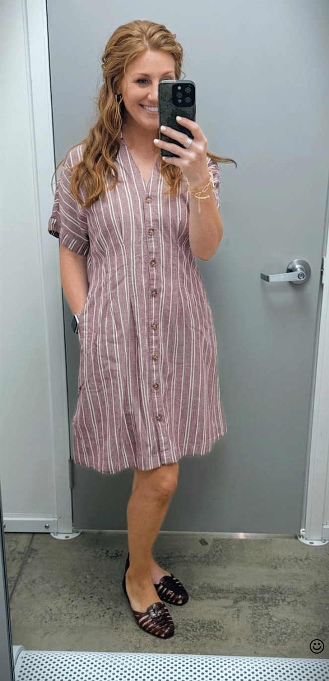 Stephanie wearing a striped linen-blend button-front shirtdress with dark huarache-style jelly sandals.