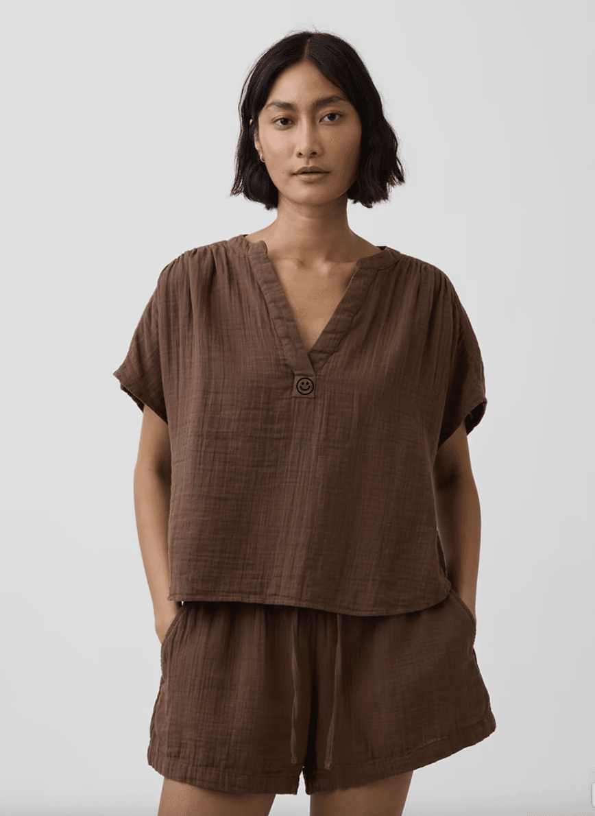 brown gap cotton gauze split-neck top
