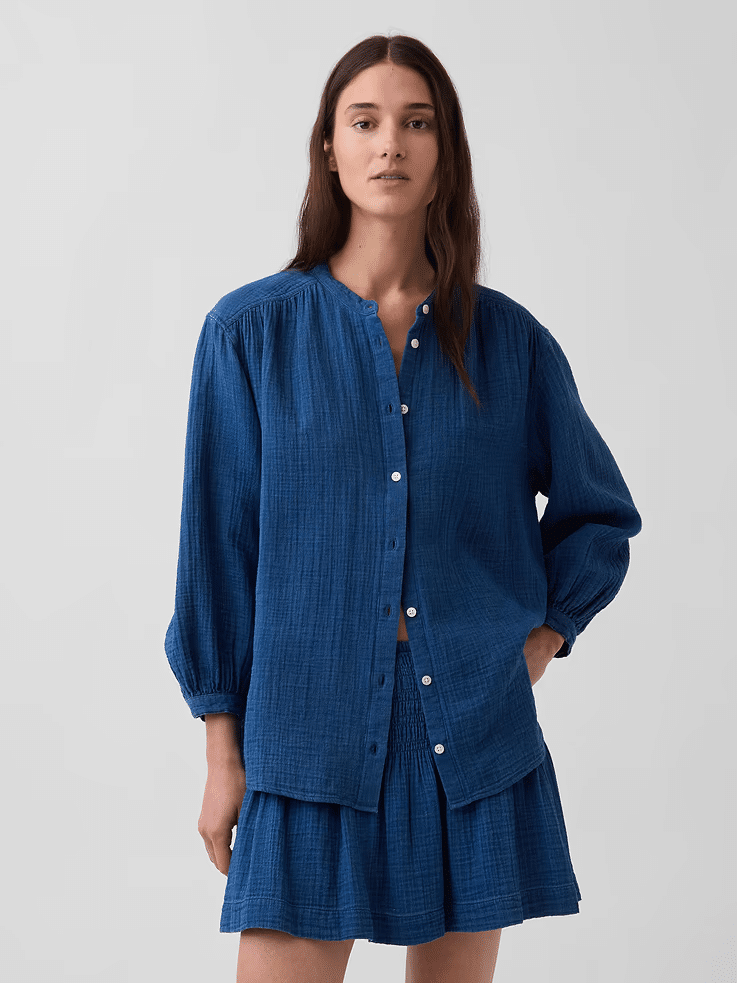 gap cotton gauze denim collarless shirt