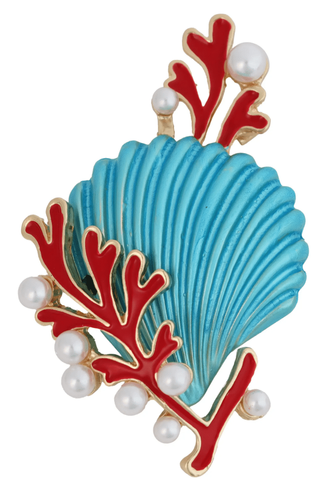 Turquoise shell & red coral brooch