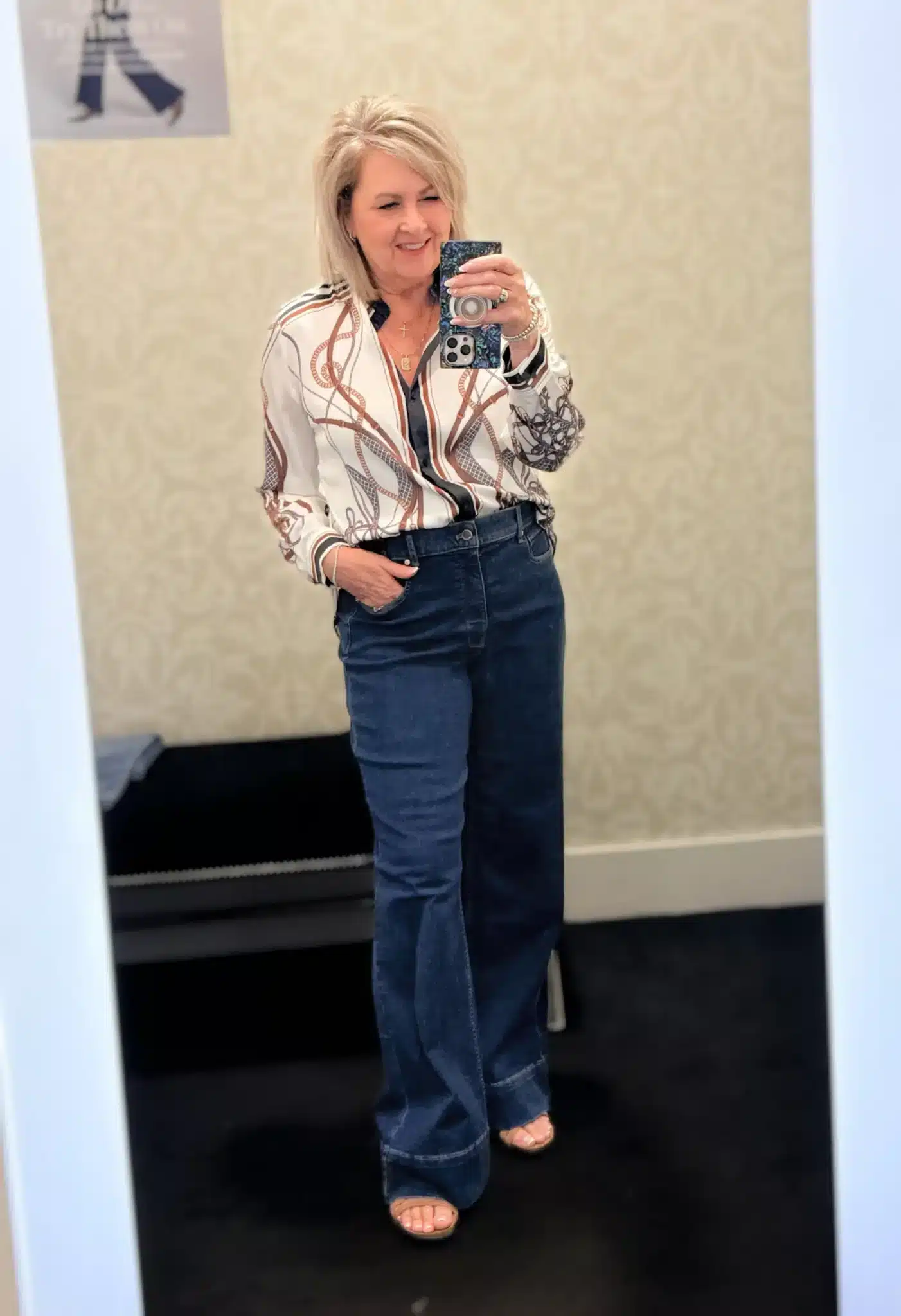 Tania wearing dark wash jeans for fall 2026