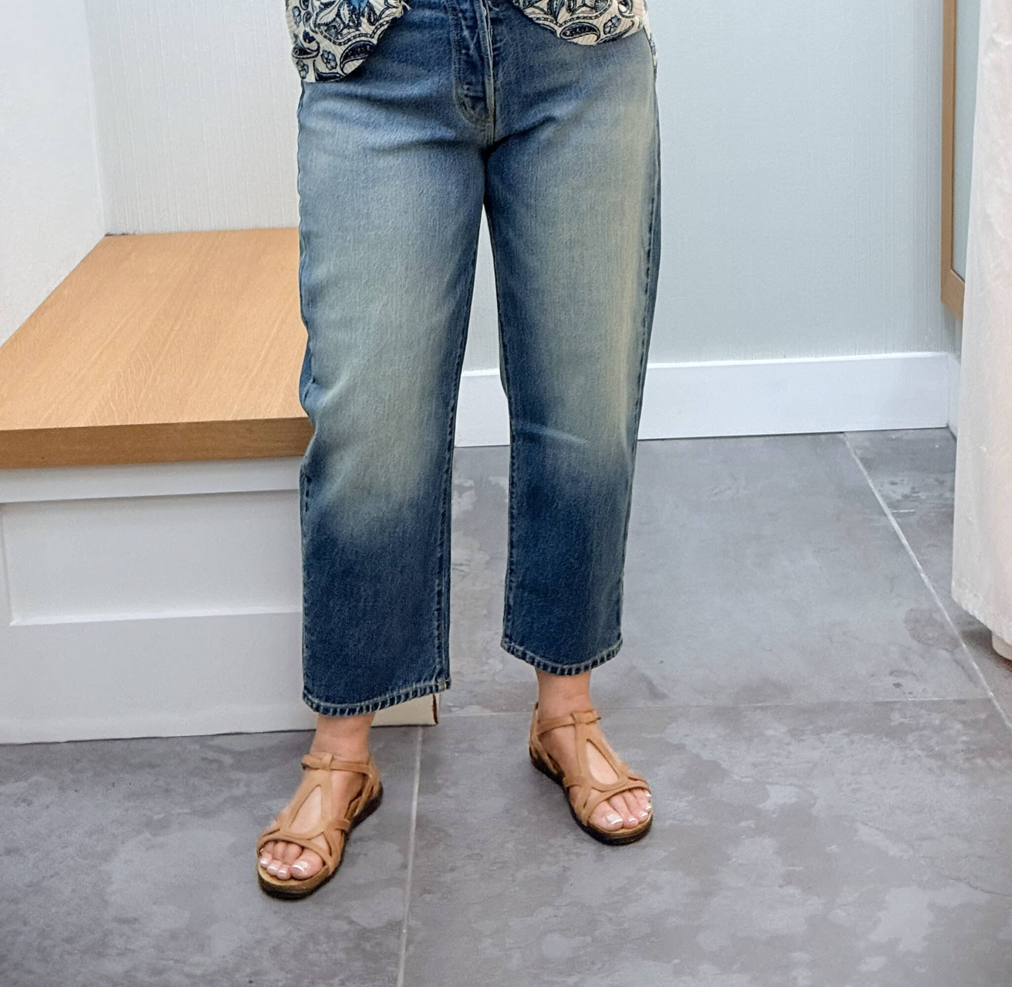 Tania wearing a Johnny Was barrel leg jeans