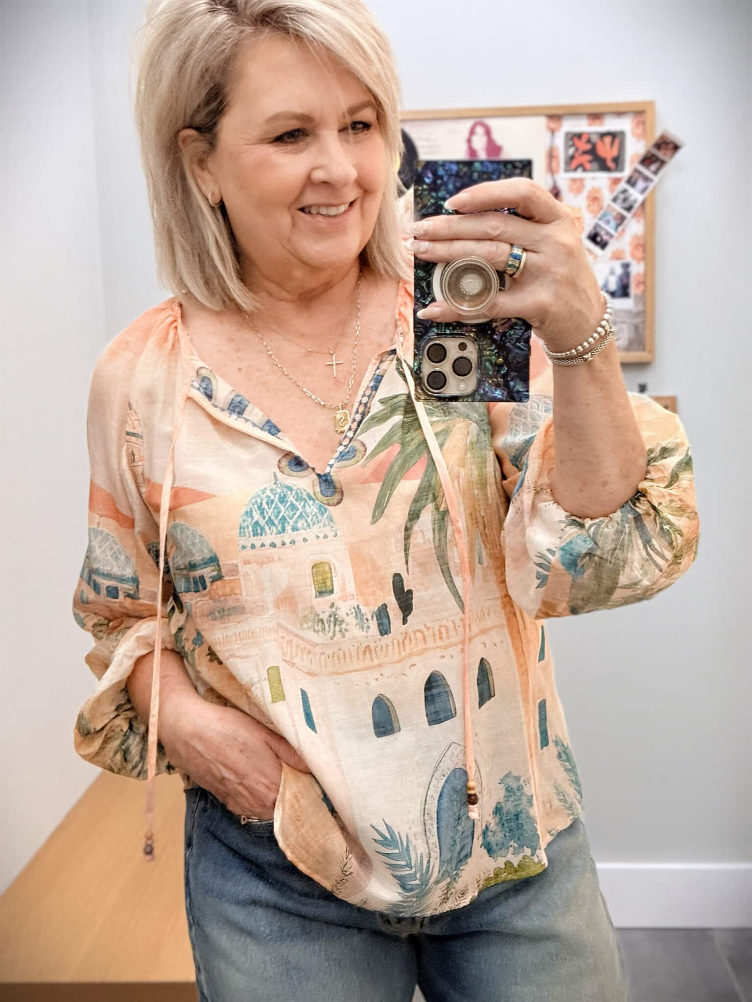 Tania wearing a Johnny Was lightweight printed top