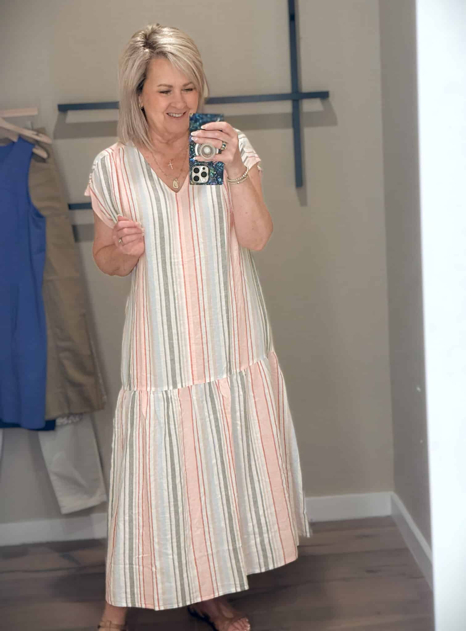 Tania wearing a drop waist striped maxi dress from Tommy Bahama