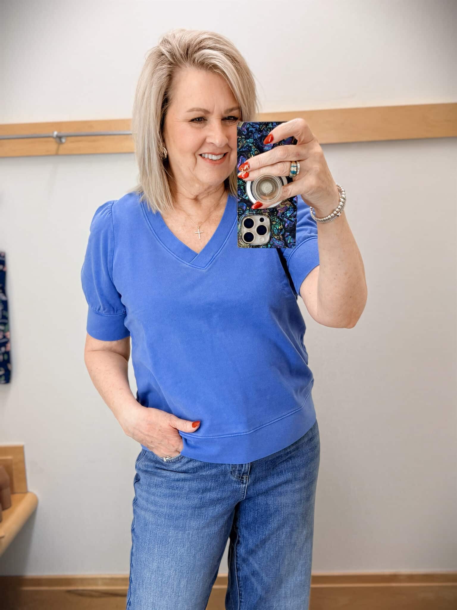 Tania wearing a short sleeve sweatshirt from Talbots