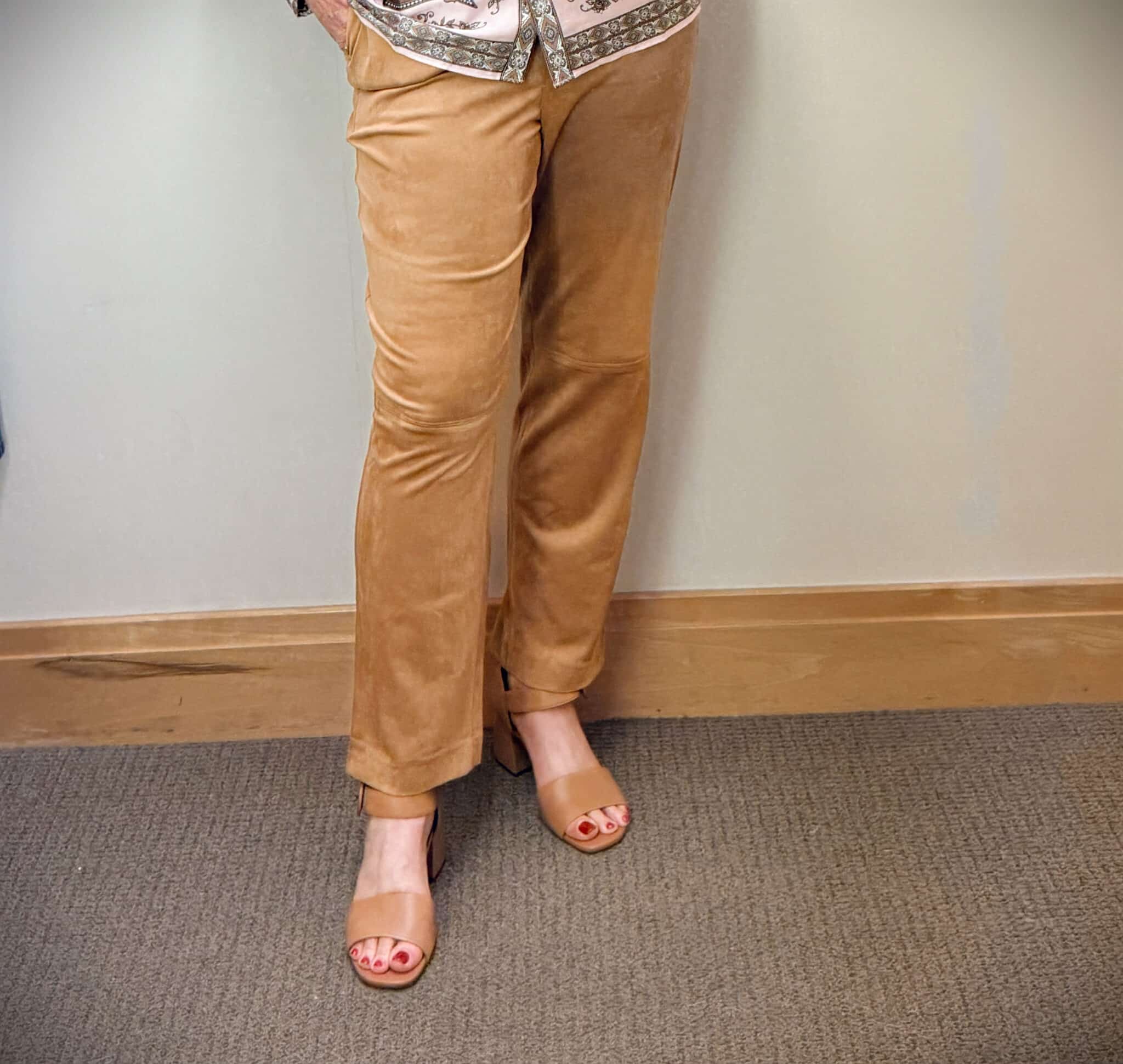 Tania wearing a pair of faux suede pants from Talbots