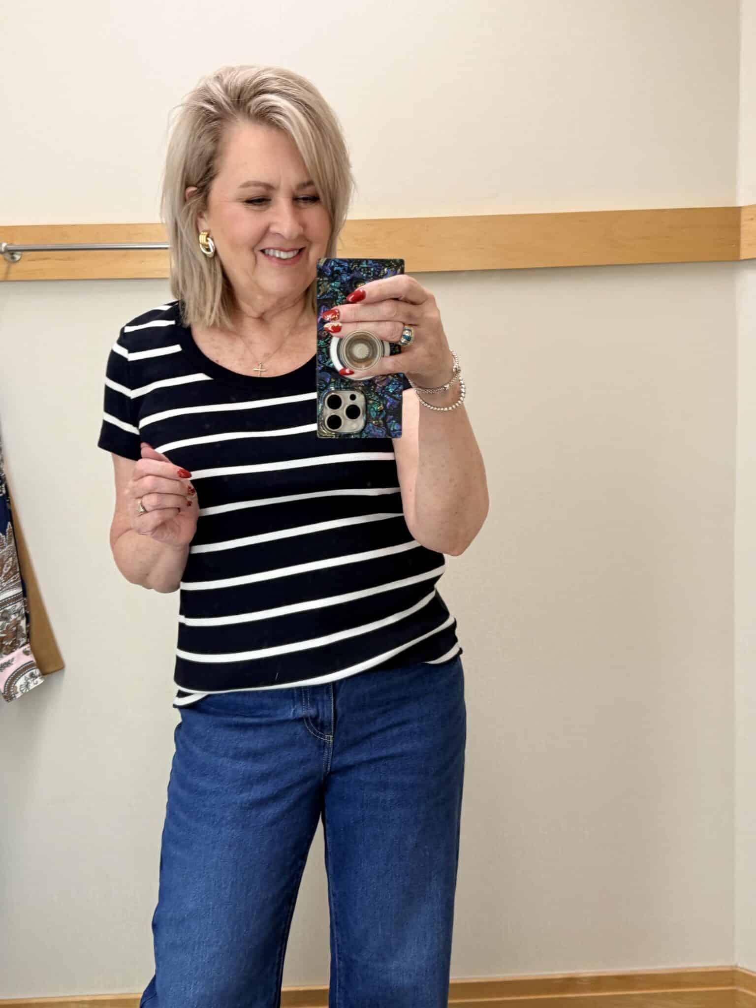 Tania wearing a striped scoop neck tee from Talbots