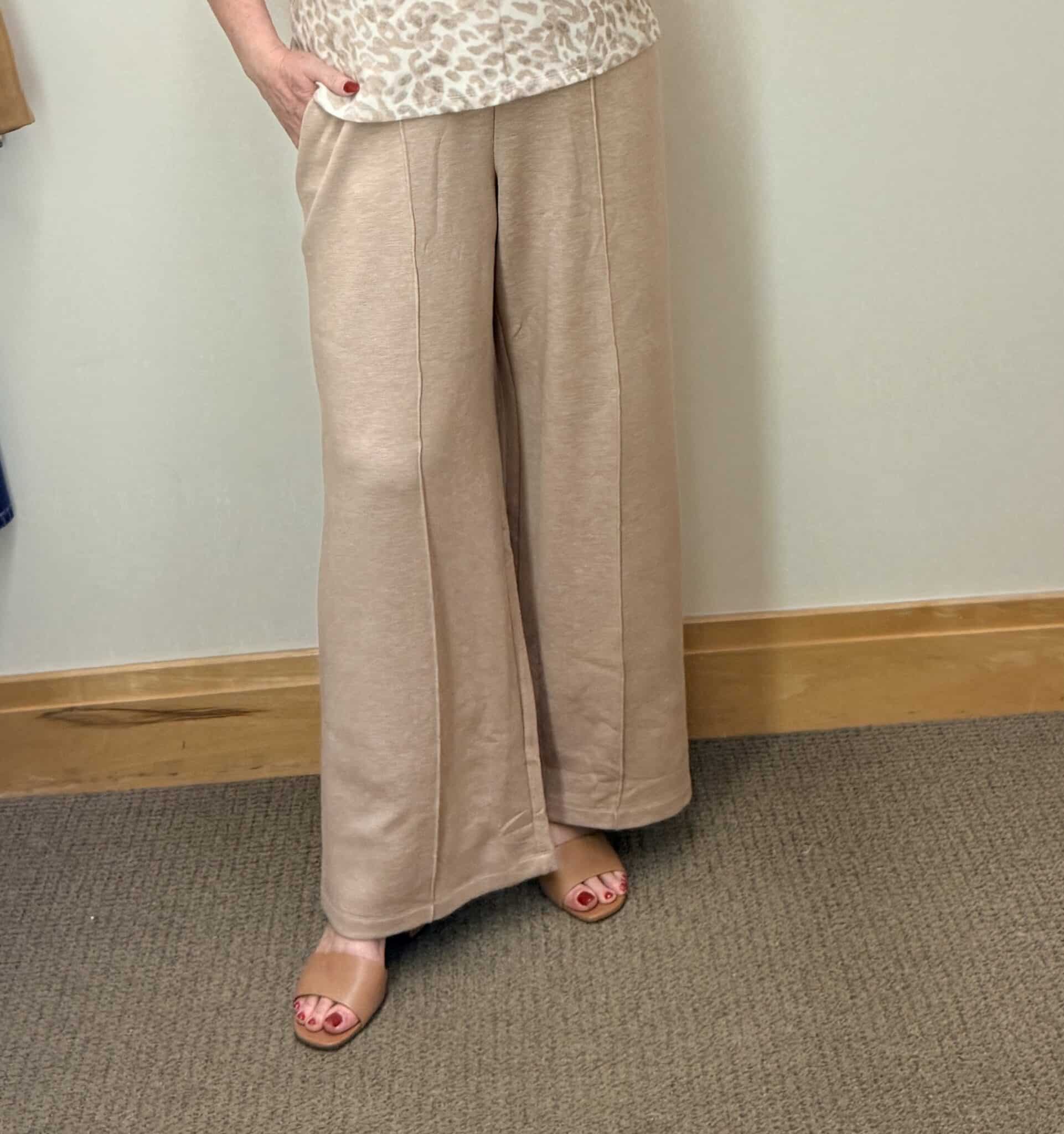 Tania wearing flowy airknit pants from Talbots