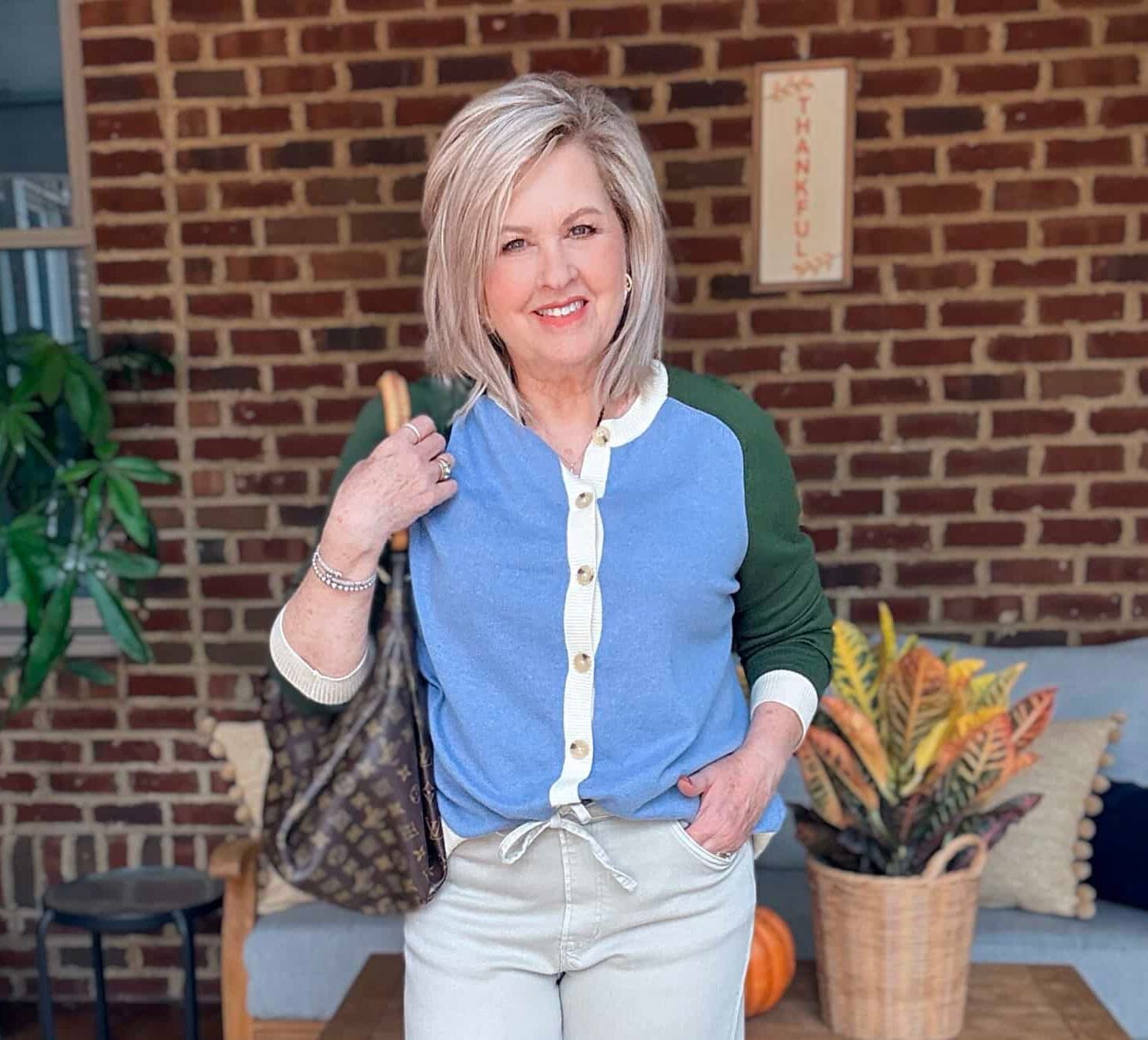 Tania wearing a colorblock sweater from Boden for fall