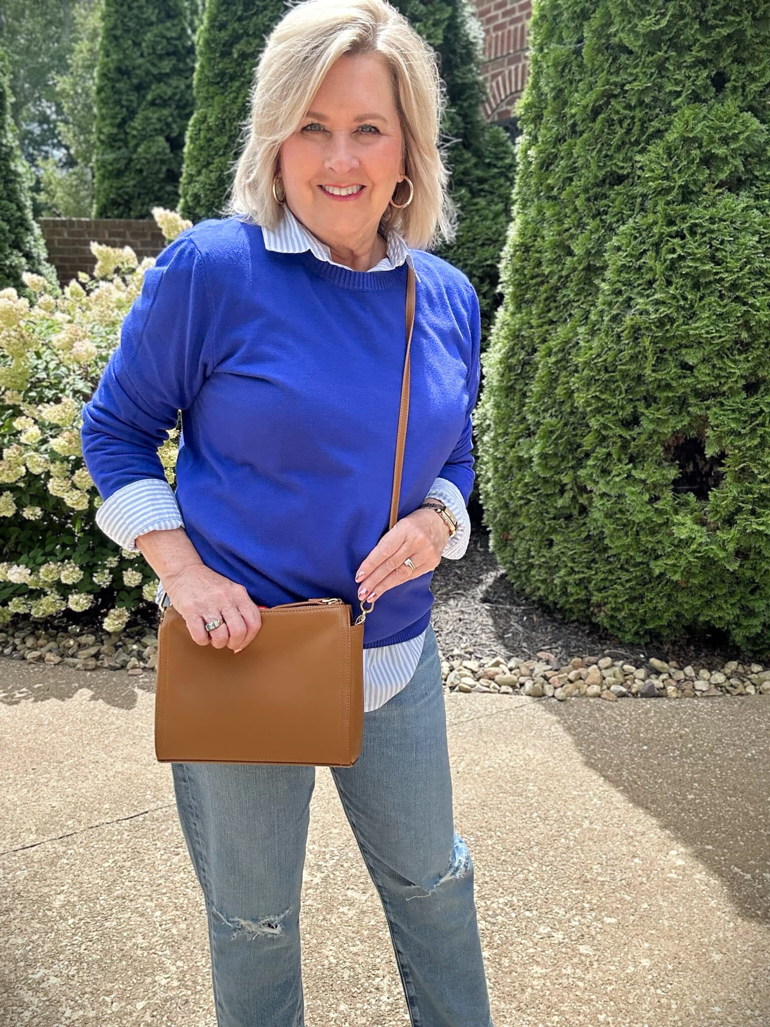 Tania wearing sapphire cobalt blue sweater