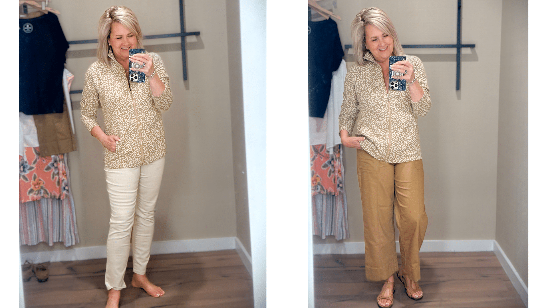 Tania showing how to wear a 1/4 zip sweatshirt in multiple ways