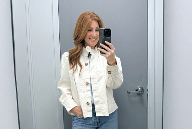 Stephanie, a petite woman, in a feminine denim jacket from Walmart