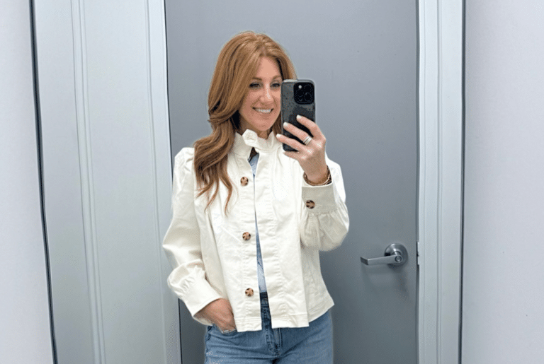 Stephanie, a petite woman, in a feminine denim jacket from Walmart