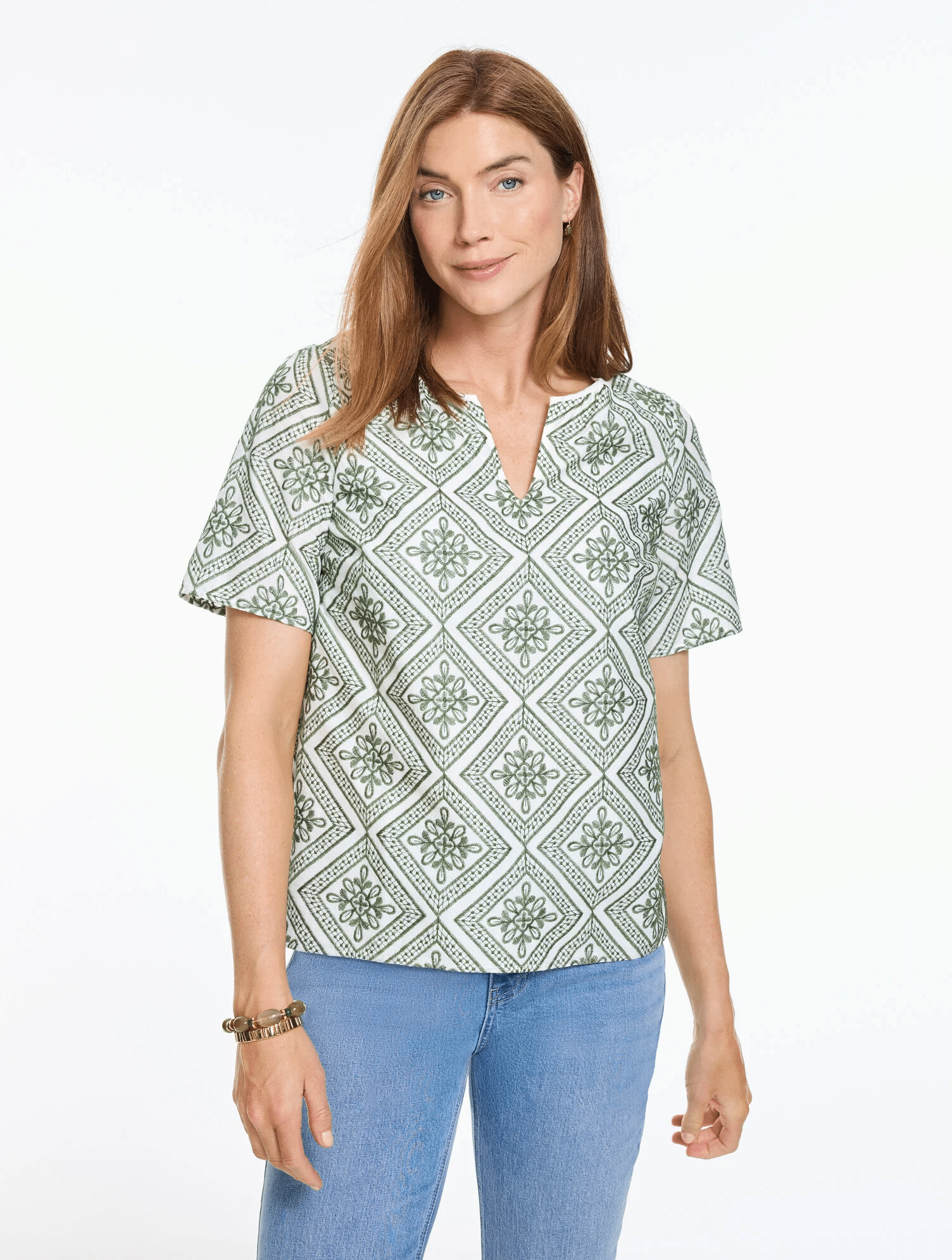 talbots embroidered graphic medallion top