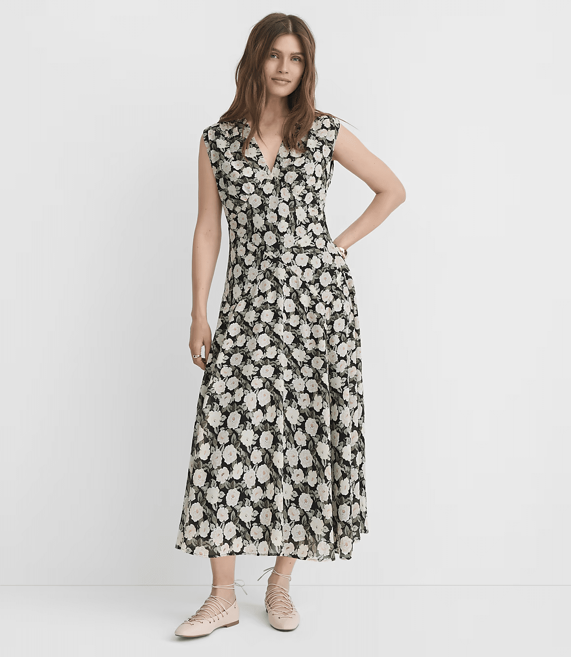 loft floral topstiched v neck midi dress