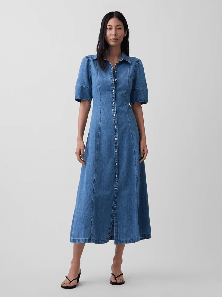 gap denim barrel sleeve midi shirtdress