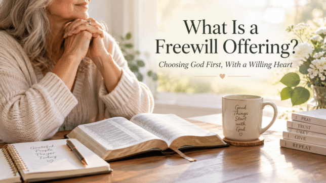 Woman looking out the window with her Bible on the table