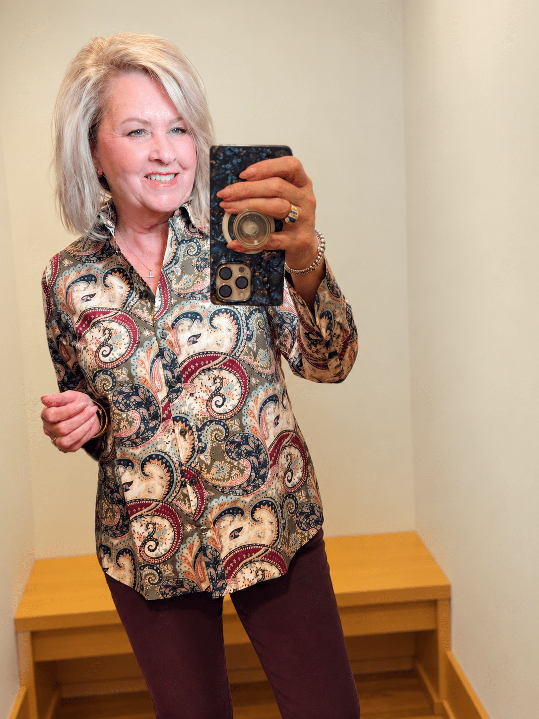 Chico’s fall paisley no-iron button-down shirt in burgundy, cream, camel, and blue tones.