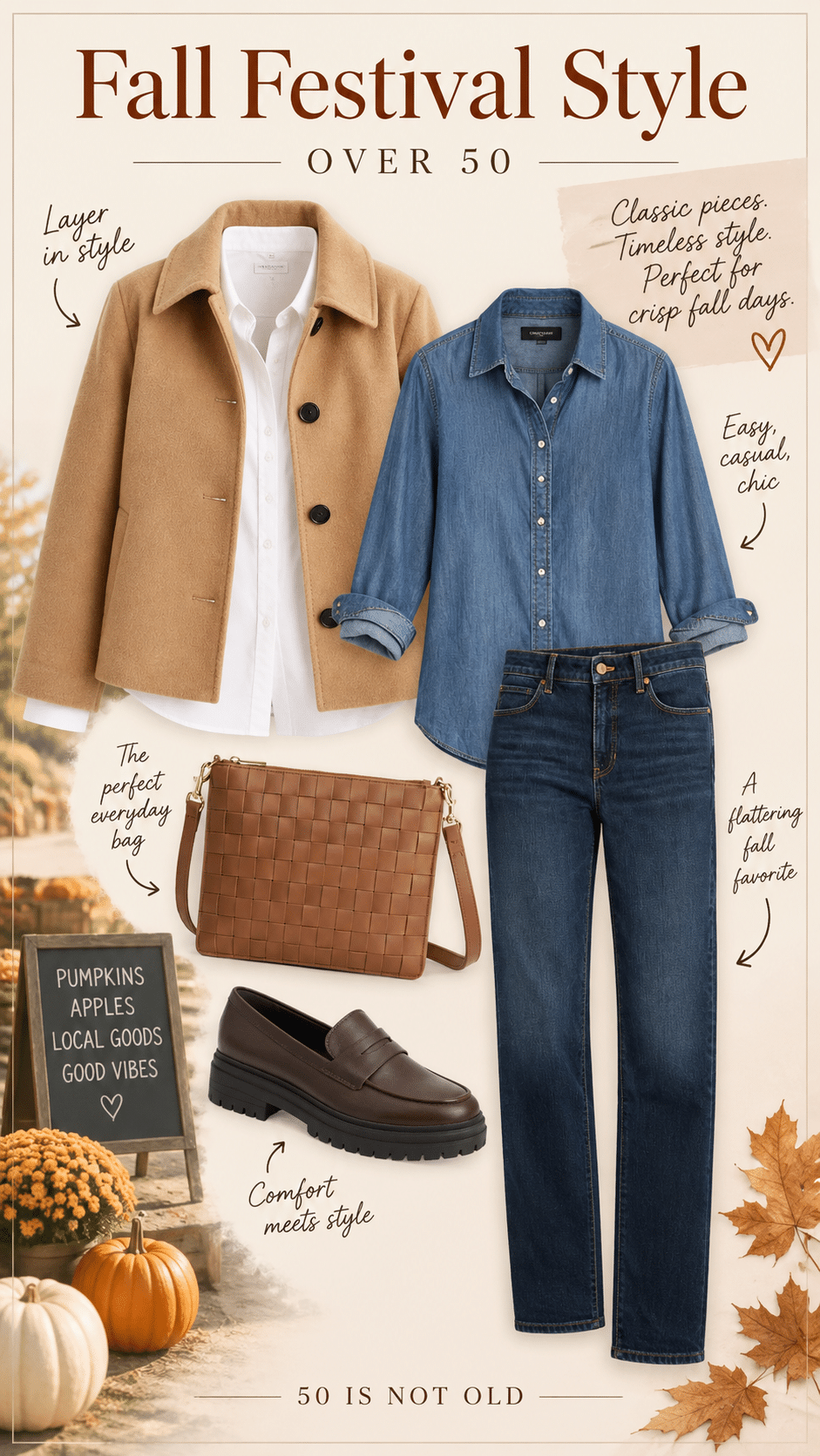 Creating a fall festival outfit using jeans and a camel jacket