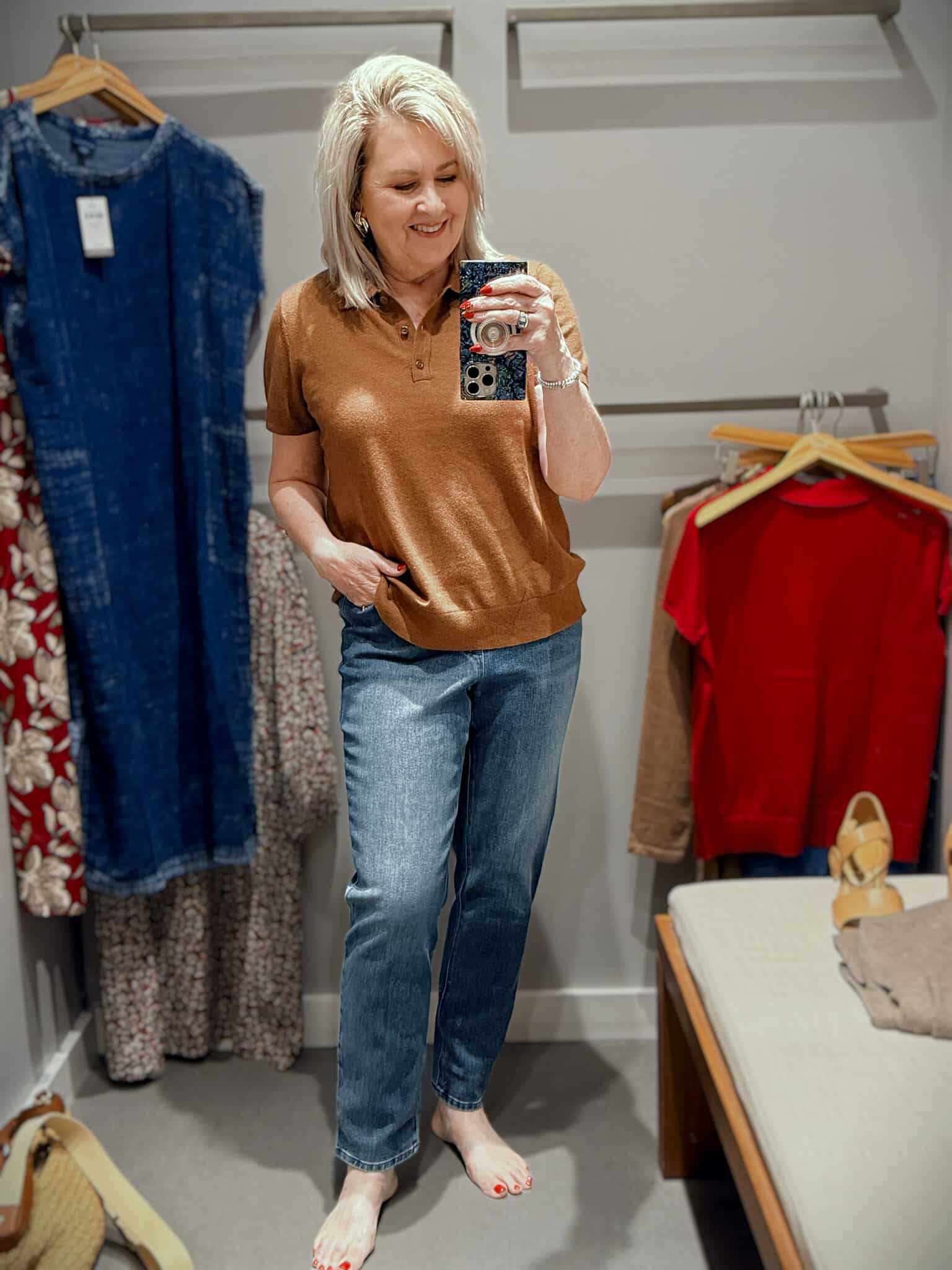 Tania in J.Jill wearing a clove polo sweater and jeans