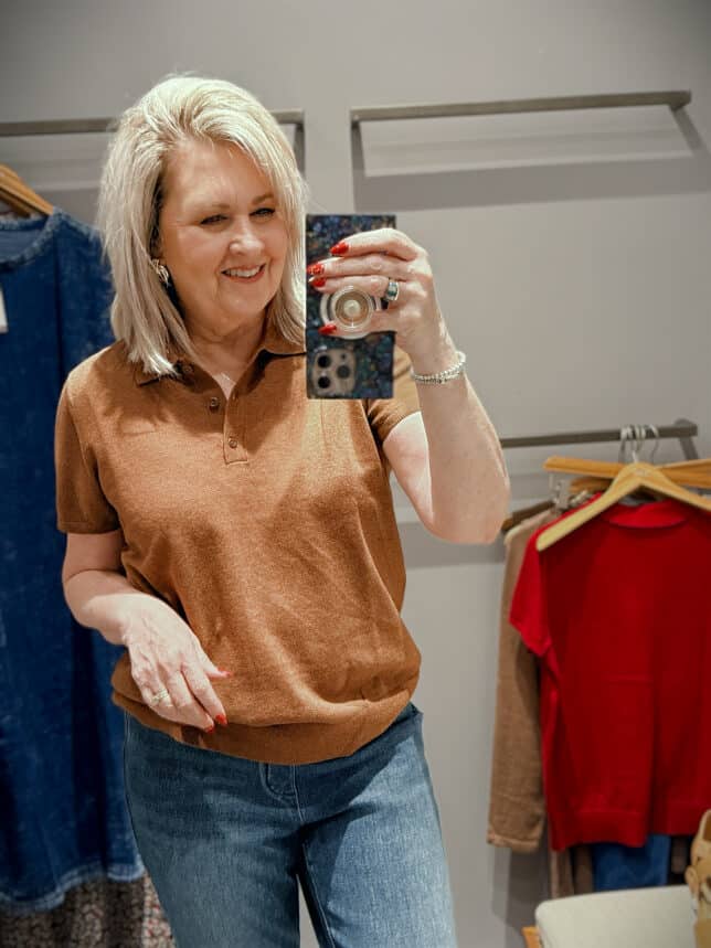 Tania in J.Jill wearing a clove polo sweater