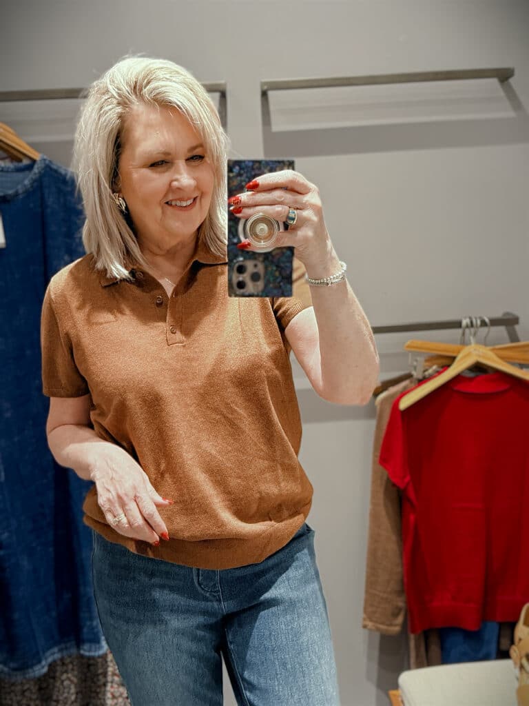 Tania in J.Jill wearing a clove polo sweater